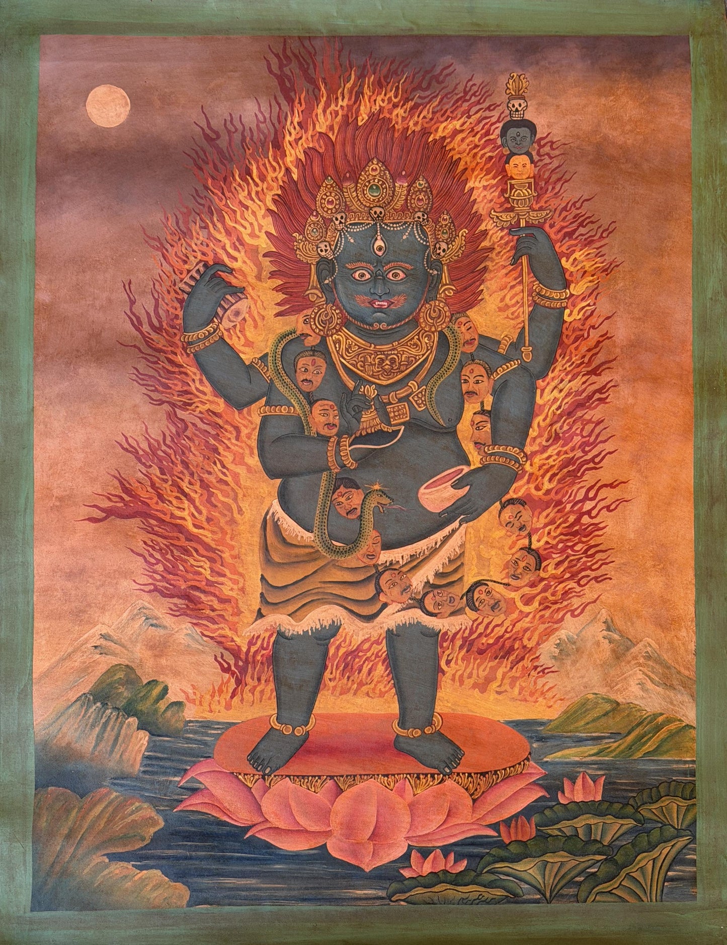 Two-Armed Standing Mahakala Thangka | Newari Paubha Painting | Oil Varnished Buddhist Art | Protection & Good Fortune