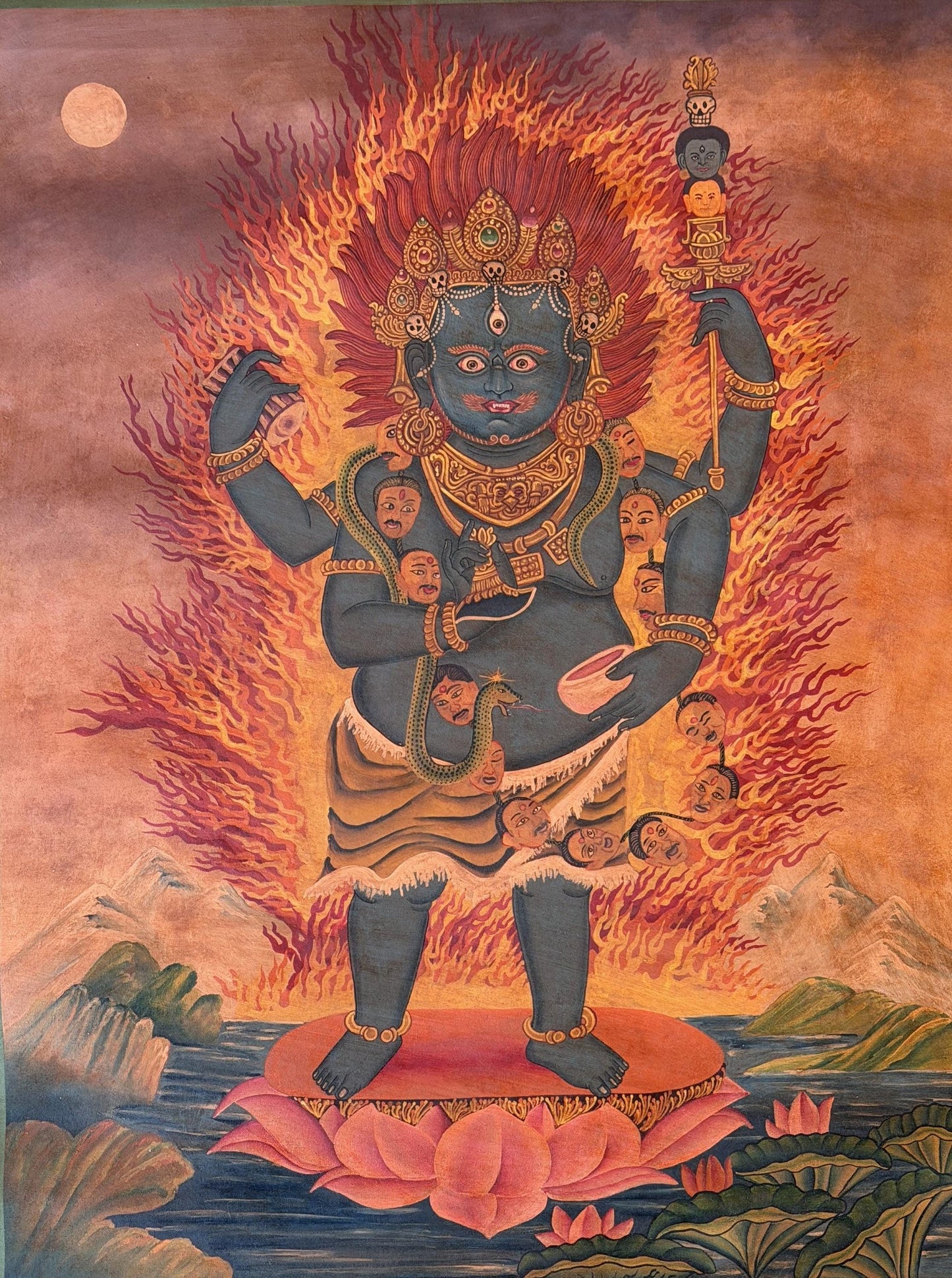 Two-Armed Standing Mahakala Thangka | Newari Paubha Painting | Oil Varnished Buddhist Art | Protection & Good Fortune