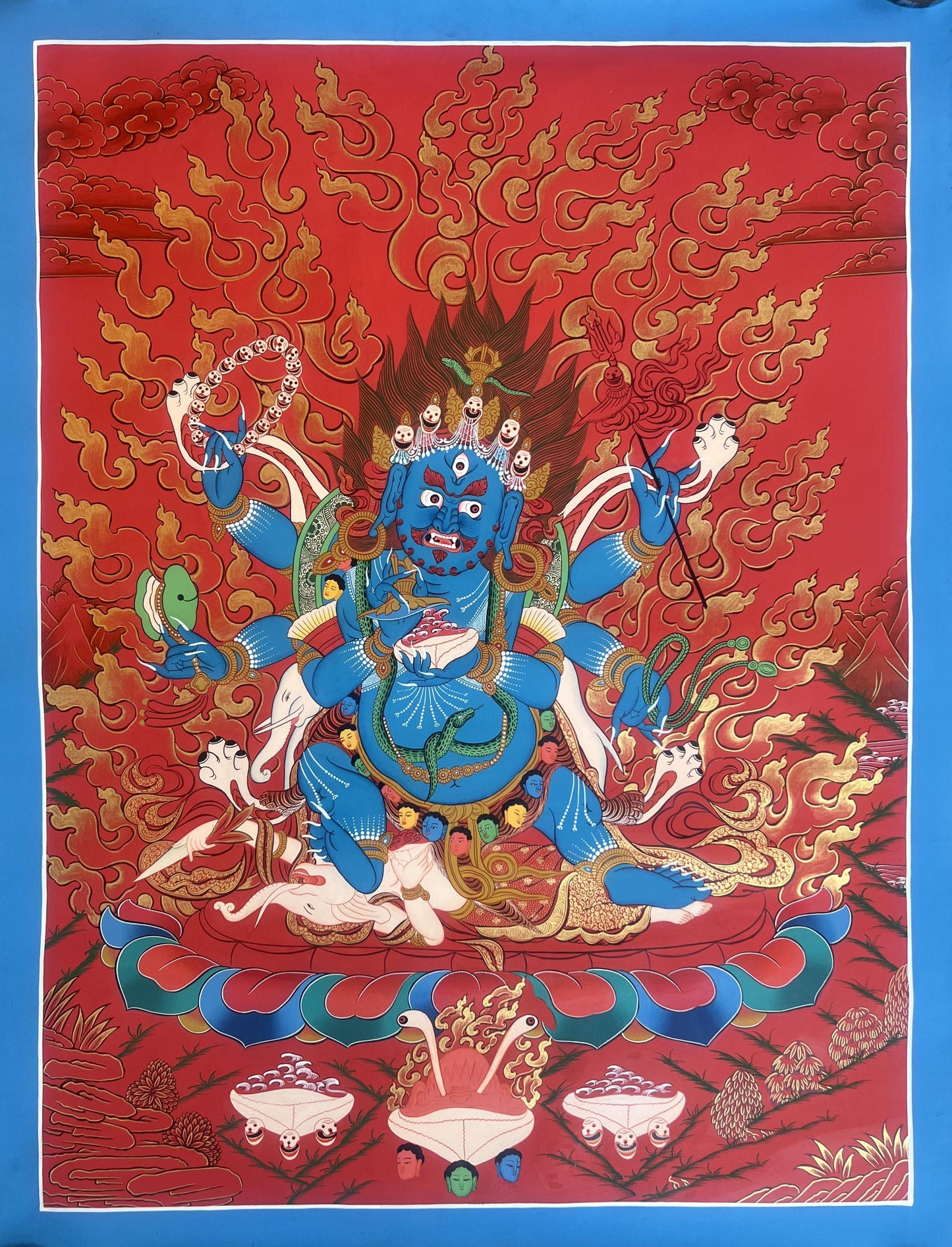 Six Armed Mahakala Tibetan Thangka Painting – Hand-Painted Buddhist Art – Protector Deity Large Masterpiece