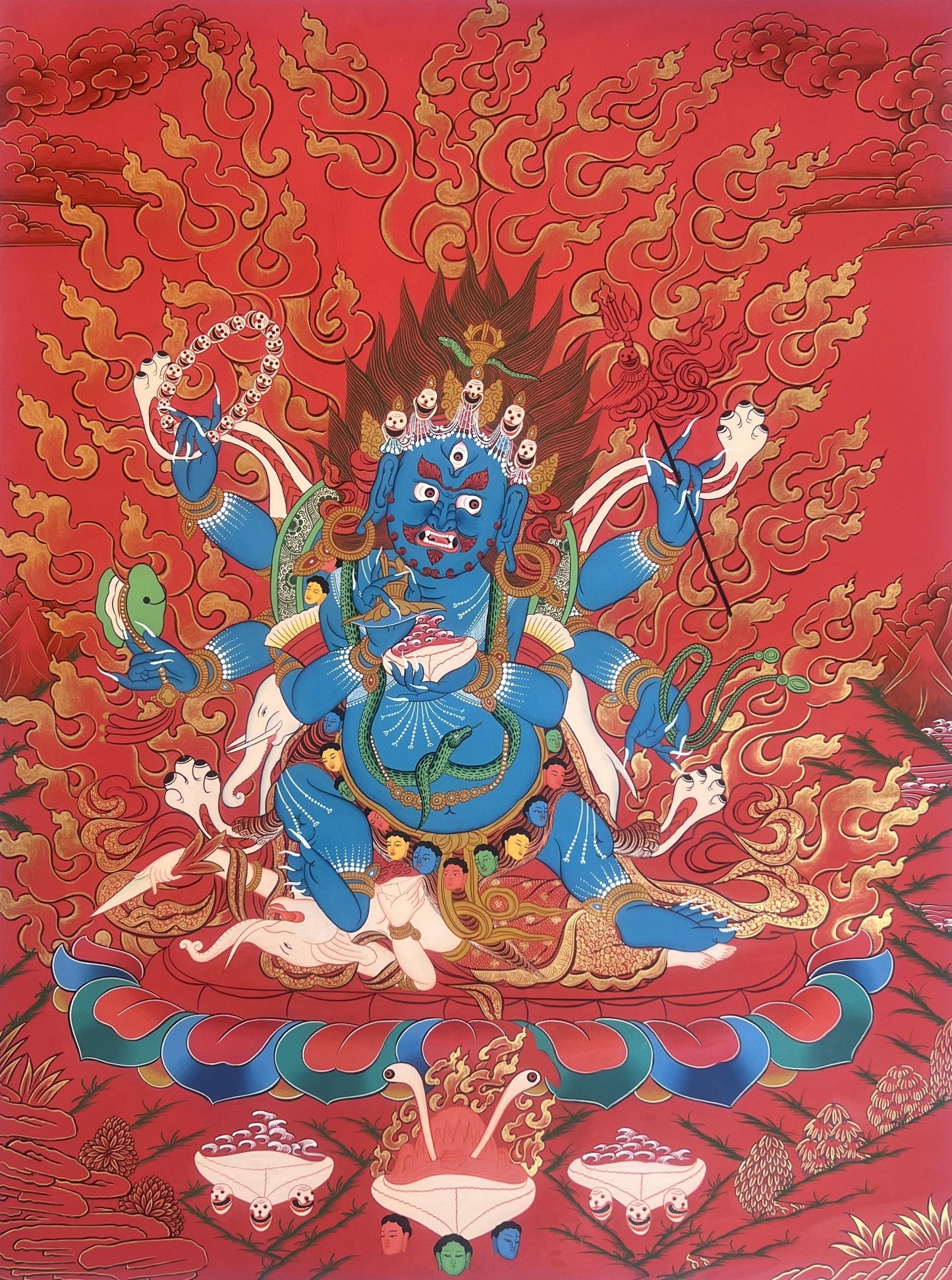 Six Armed Mahakala Tibetan Thangka Painting – Hand-Painted Buddhist Art – Protector Deity Large Masterpiece