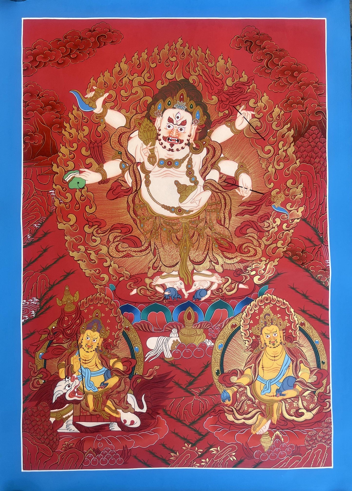 Six Armed White Mahakala Tibetan Thangka Painting | Hand-Painted Buddhist Art | Himalayan Protector Deity