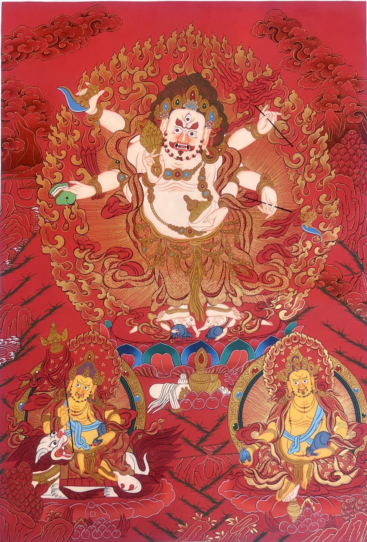 Six Armed White Mahakala Tibetan Thangka Painting | Hand-Painted Buddhist Art | Himalayan Protector Deity