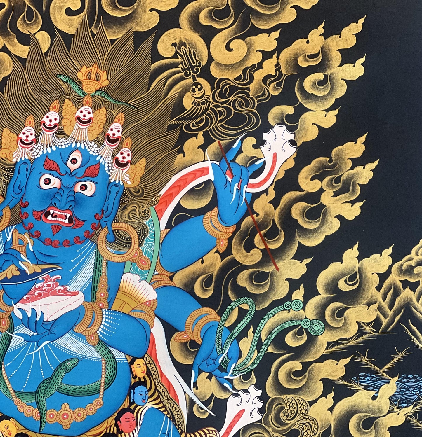 Six Armed Black Mahakala Large Tibetan Thangka Painting – Hand-Painted Buddhist Protector Art