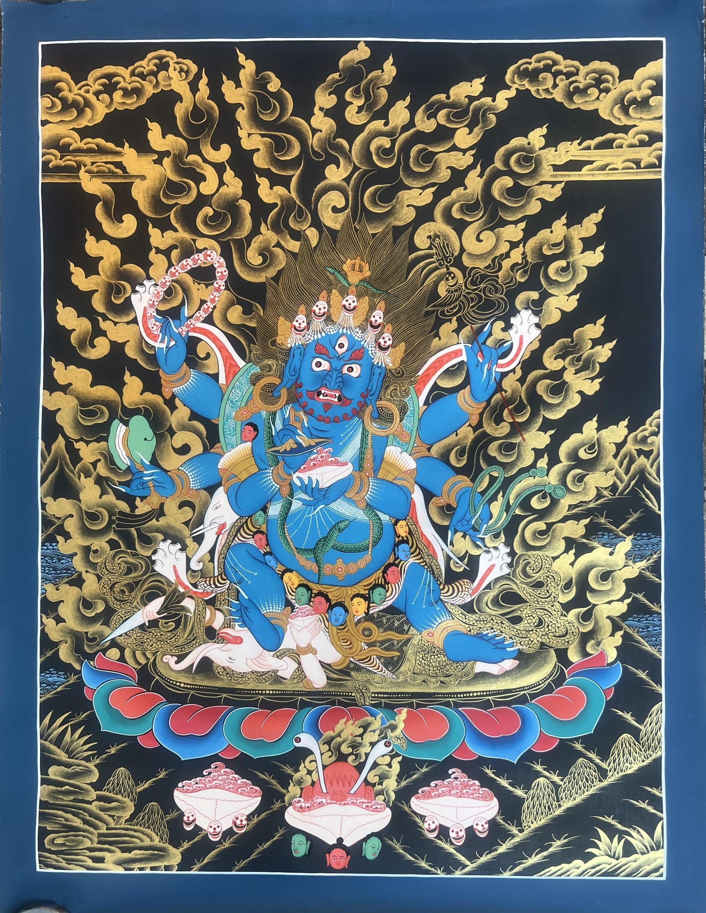 Six Armed Black Mahakala Large Tibetan Thangka Painting – Hand-Painted Buddhist Protector Art