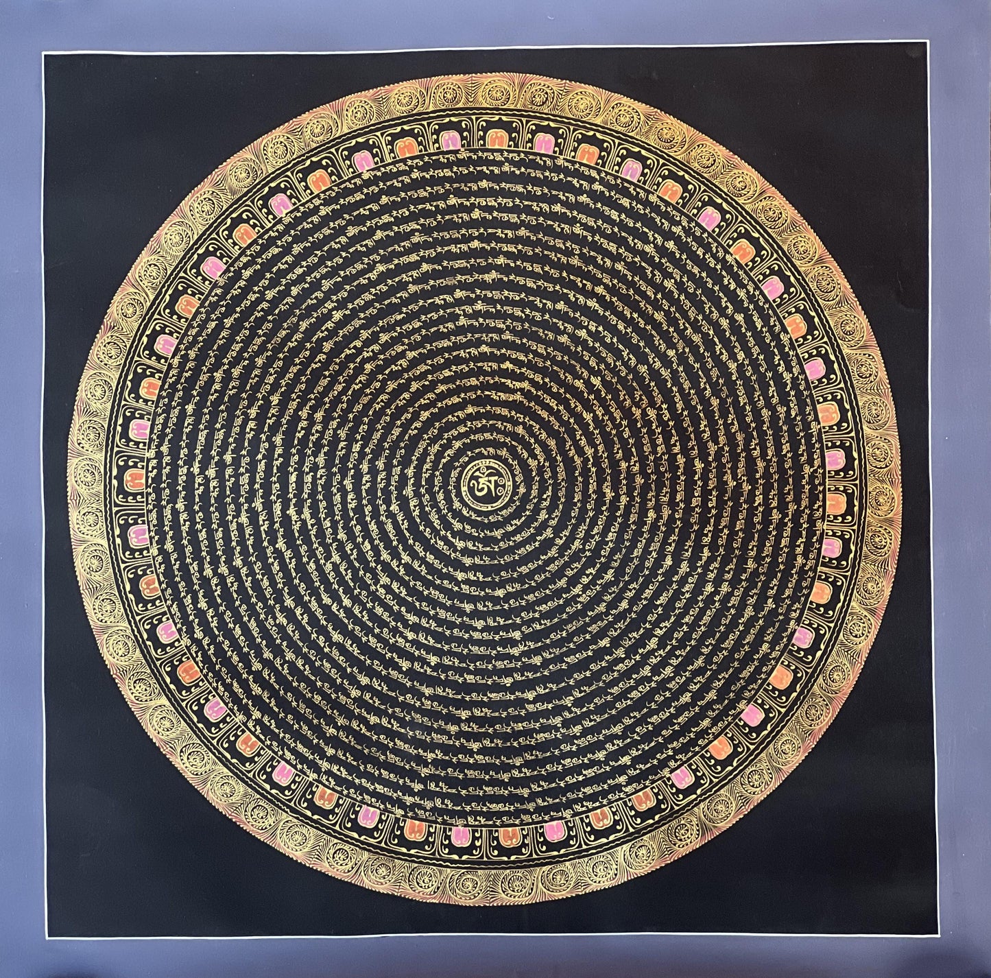 Green Tara Mantra Mandala with Om in Center - Black and Gold Tibetan Thangka Painting