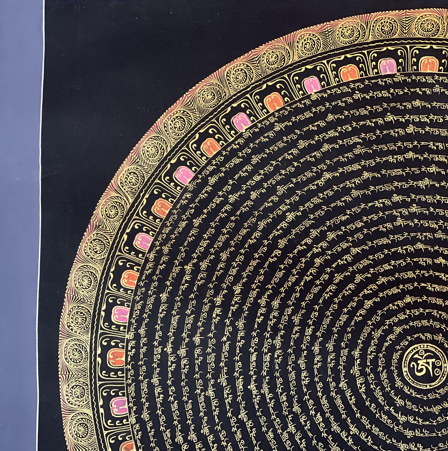Green Tara Mantra Mandala with Om in Center - Black and Gold Tibetan Thangka Painting