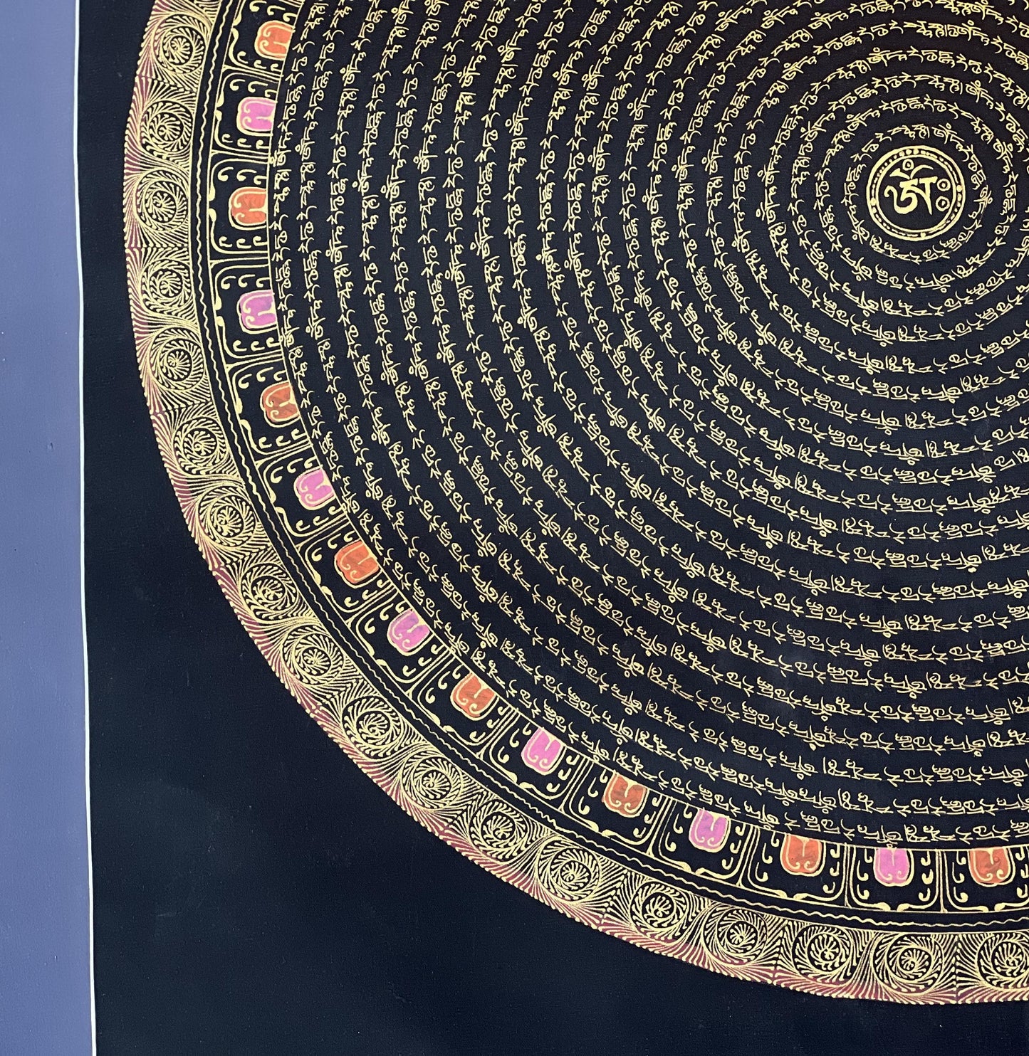 Green Tara Mantra Mandala with Om in Center - Black and Gold Tibetan Thangka Painting