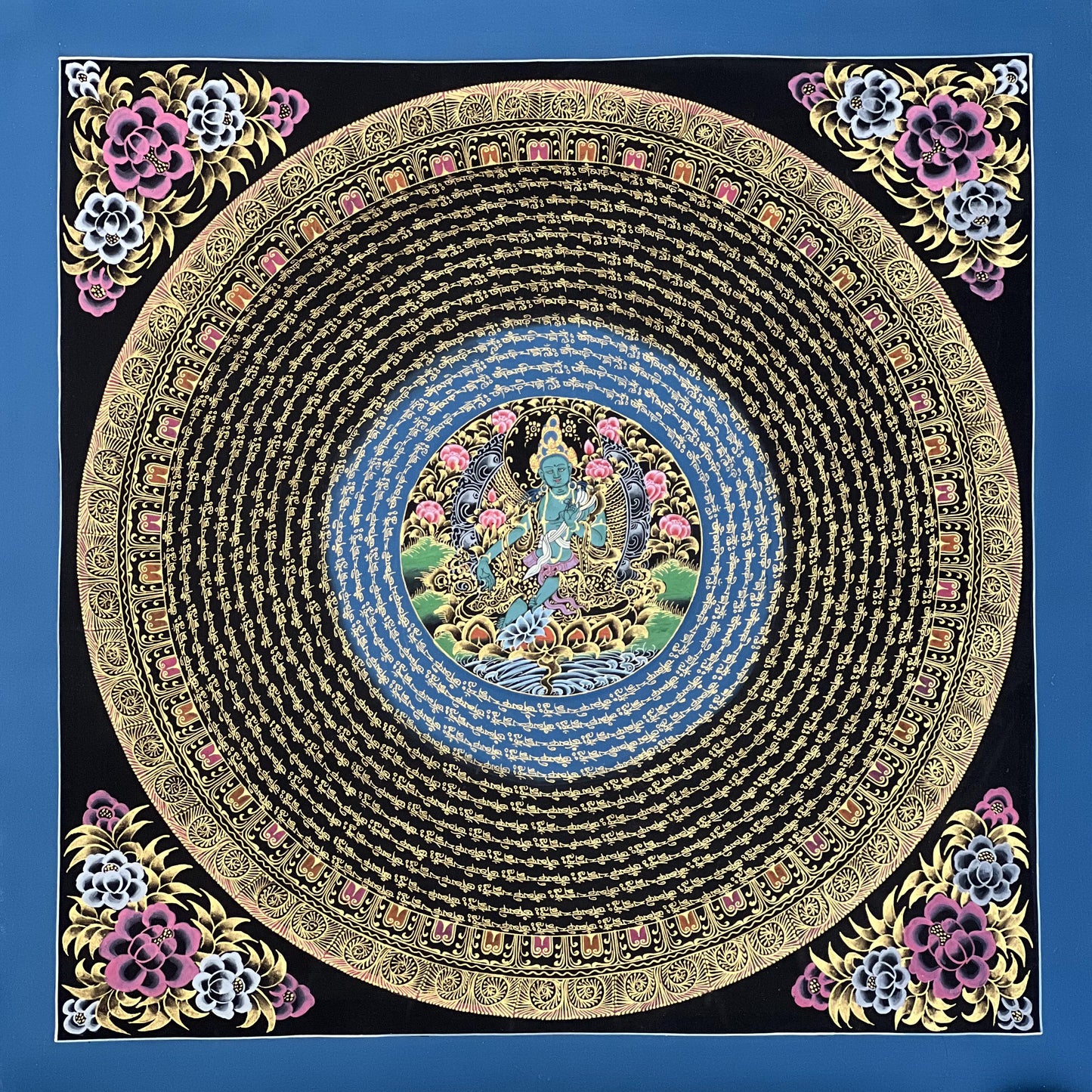 Green Tara Mantra Mandala with the Diety in the Center – Black and Gold Tibetan Thangka Painting
