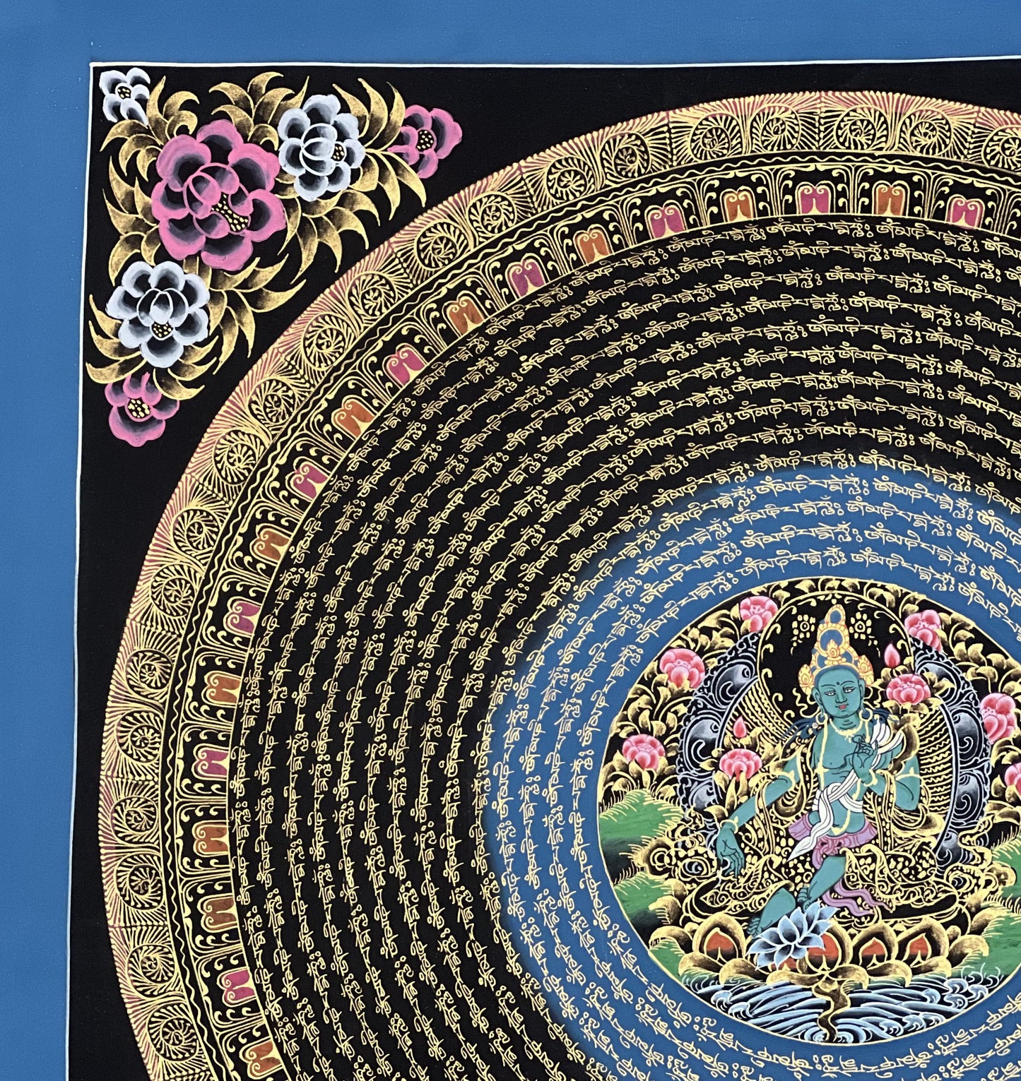 Green Tara Mantra Mandala with the Diety in the Center – Black and Gold Tibetan Thangka Painting