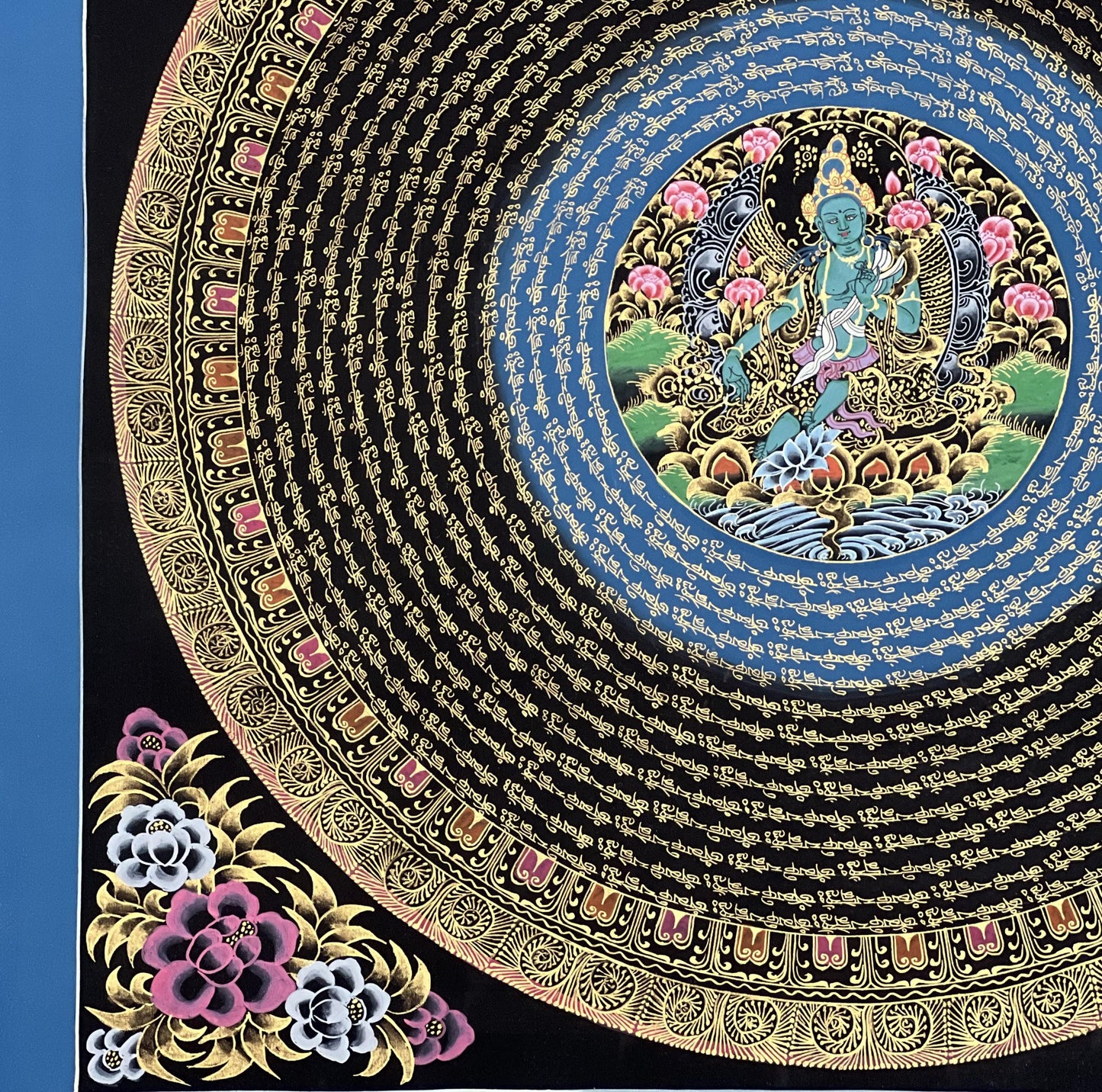 Green Tara Mantra Mandala with the Diety in the Center – Black and Gold Tibetan Thangka Painting