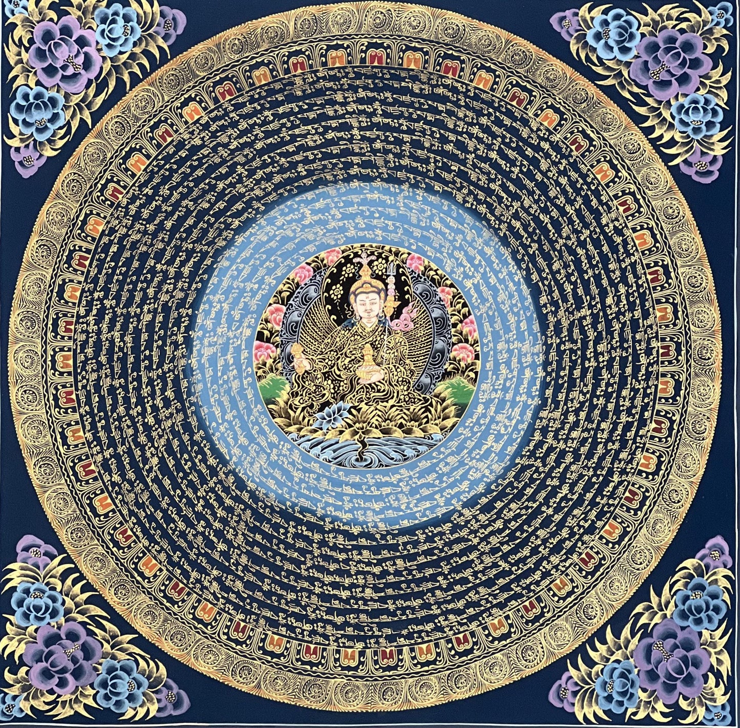 Hand-Painted Guru Padmasambhava Mantra Mandala – Black Gold Tibetan Thangka Silk Frame