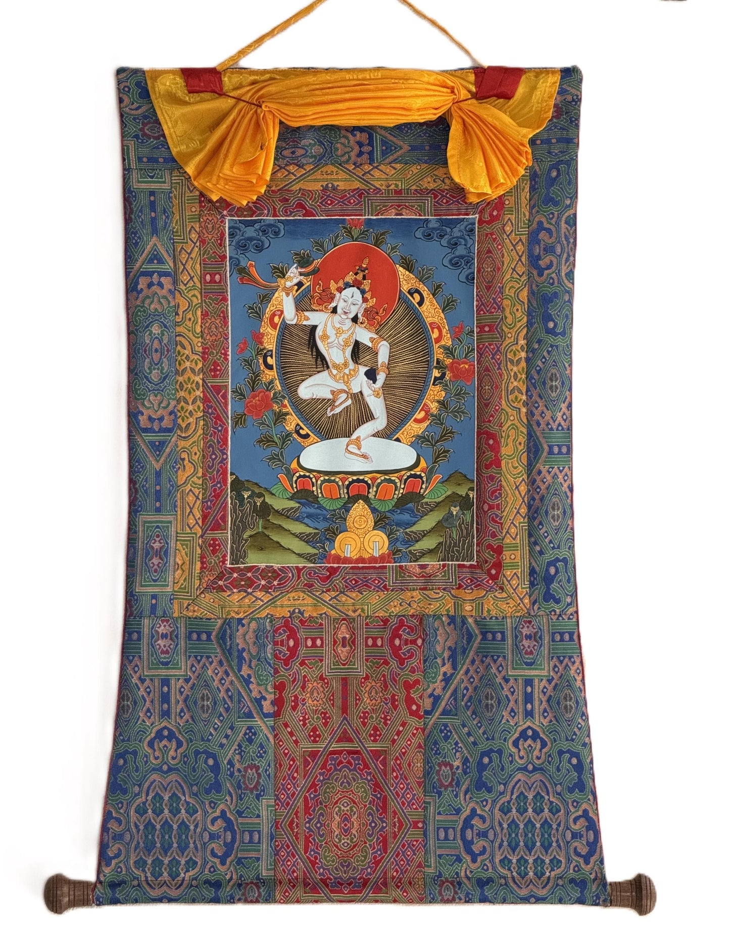 Hand-Painted Machig Labdron Thangka | Tibetan Buddhist Art with Silk Brocade