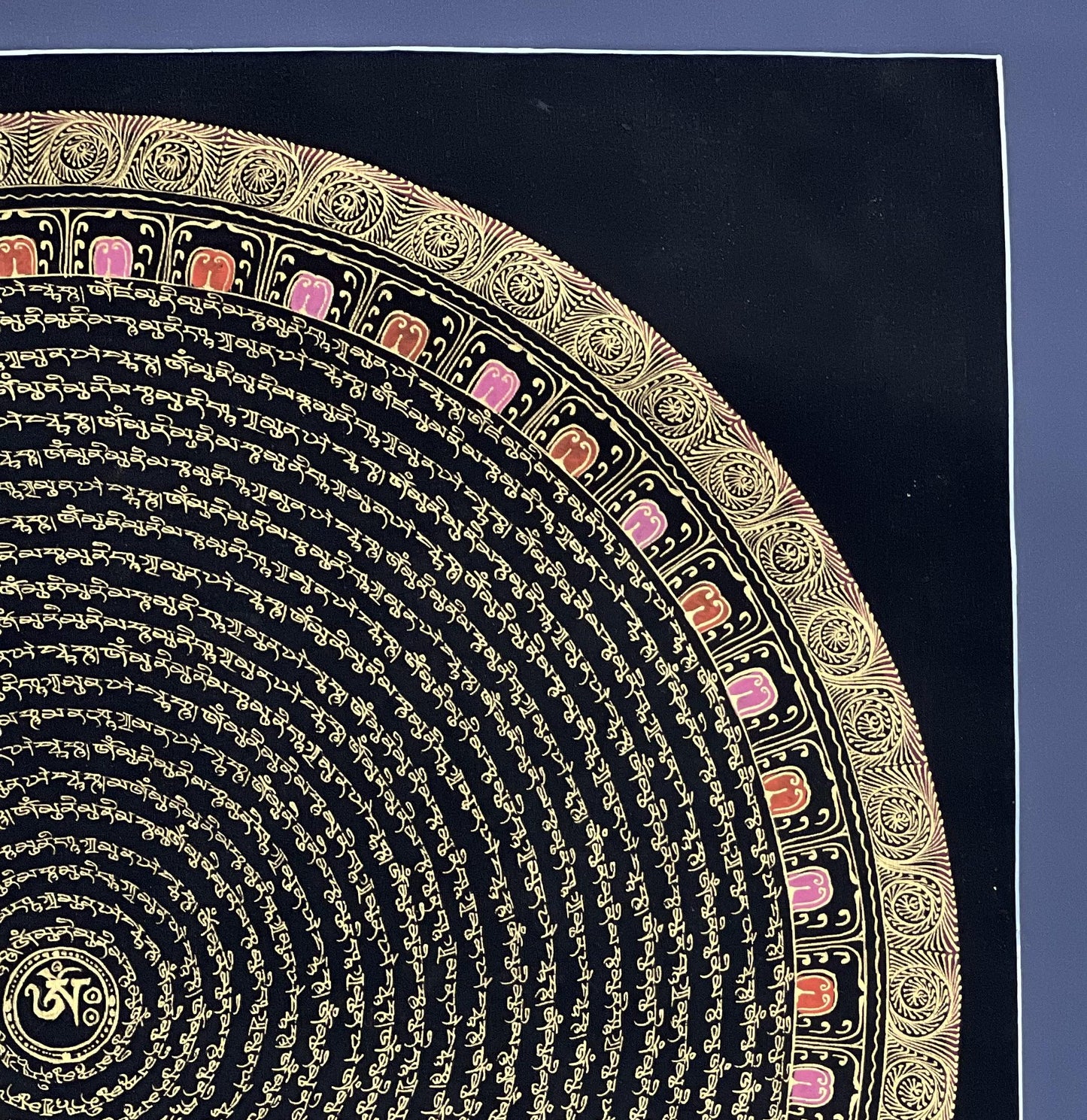 Shakyamuni Buddha Mantra Mandala with Om Center • Black Gold Tibetan Thangka • Hand-Painted Buddhist Art
