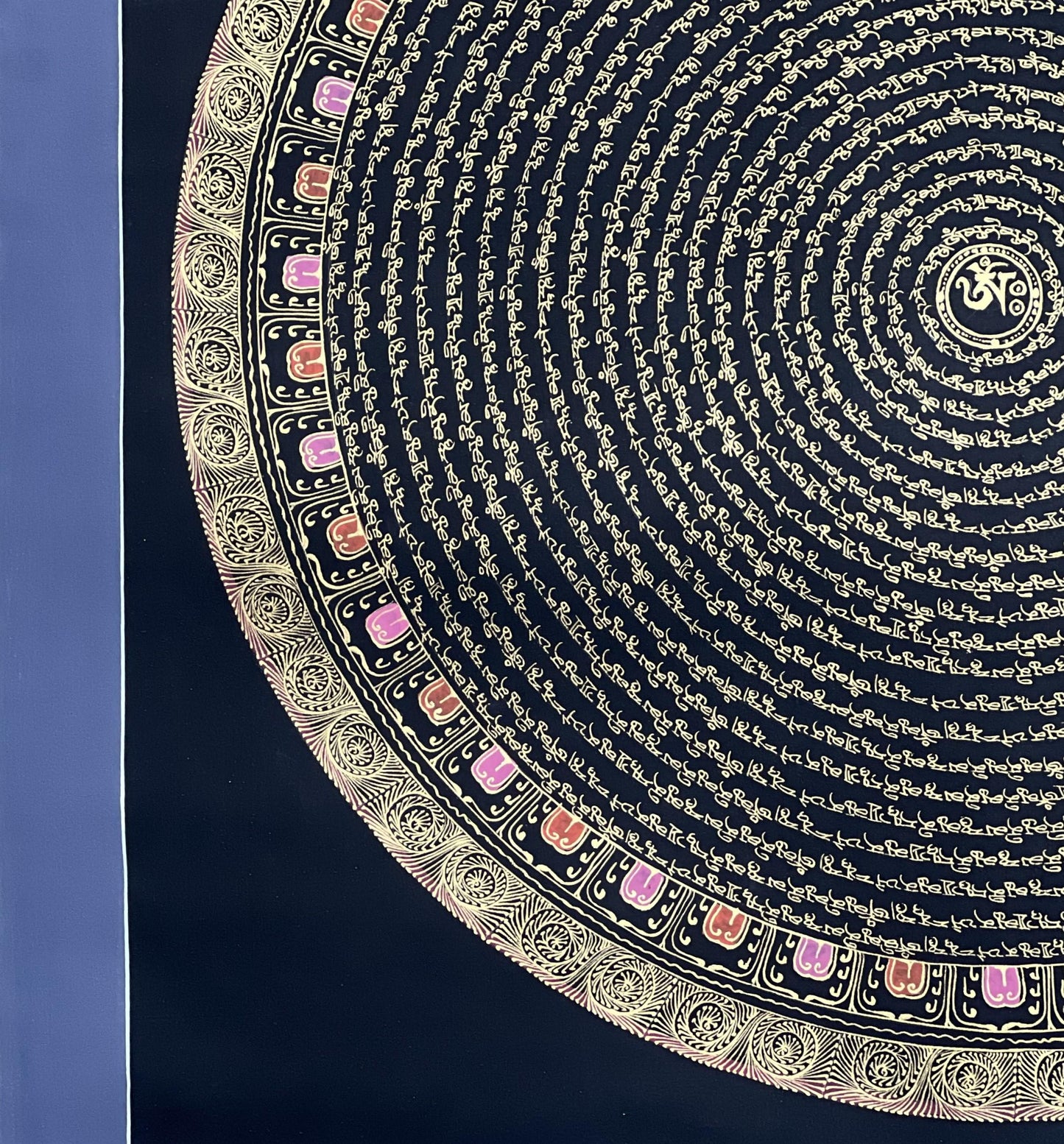 Shakyamuni Buddha Mantra Mandala with Om Center • Black Gold Tibetan Thangka • Hand-Painted Buddhist Art