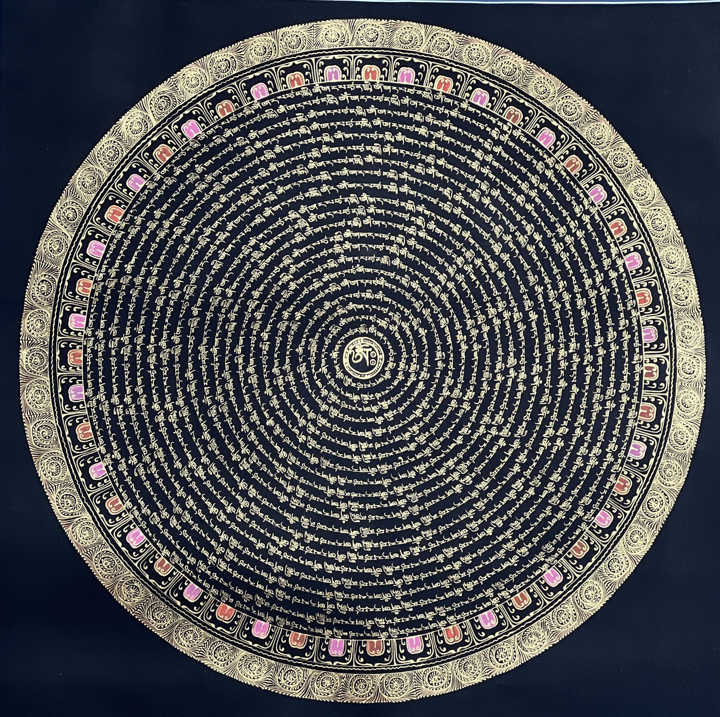 Manjushri Mantra Mandala with Om Center • Black Gold Tibetan Thangka • Wisdom Buddha Art
