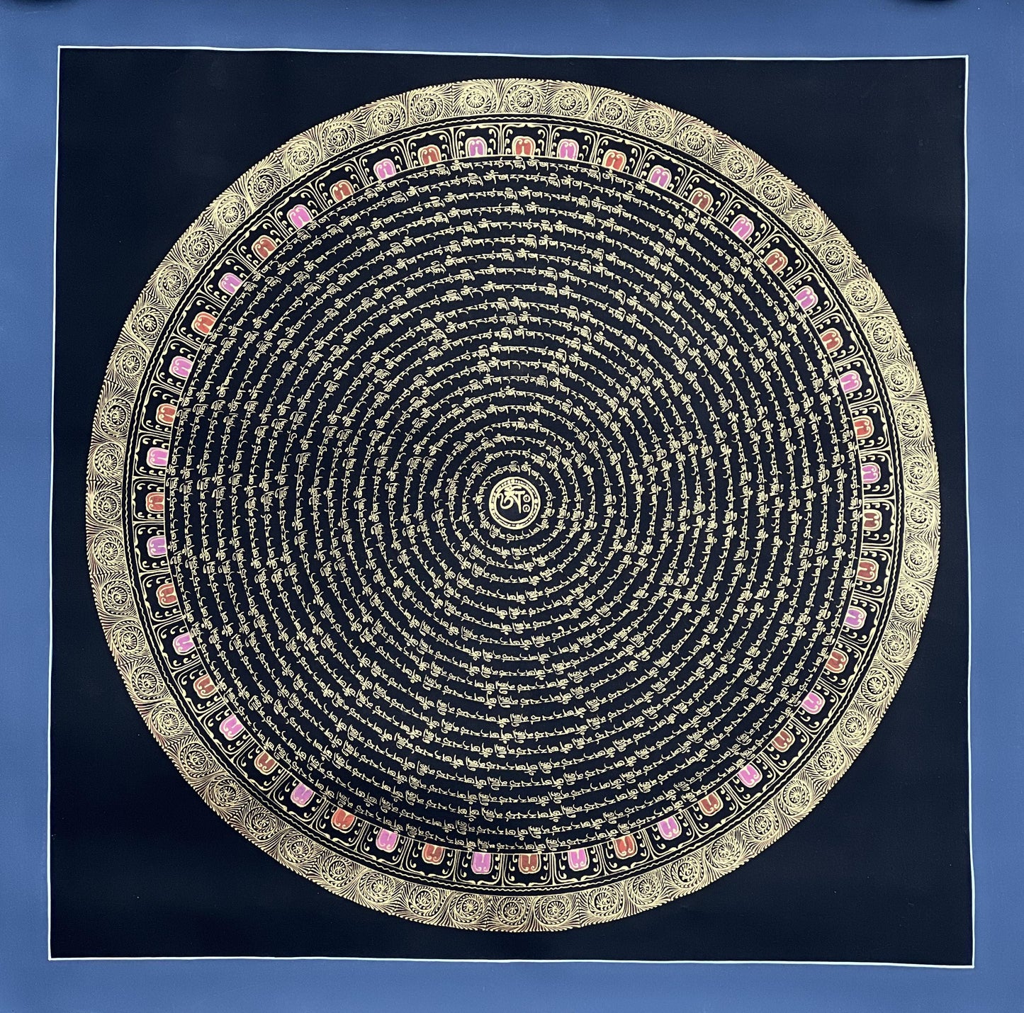 Manjushri Mantra Mandala with Om Center • Black Gold Tibetan Thangka • Wisdom Buddha Art