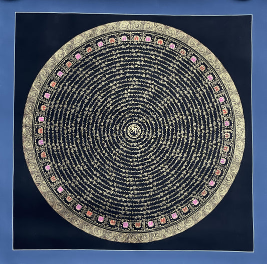 Manjushri Mantra Mandala with Om Center • Black Gold Tibetan Thangka • Wisdom Buddha Art