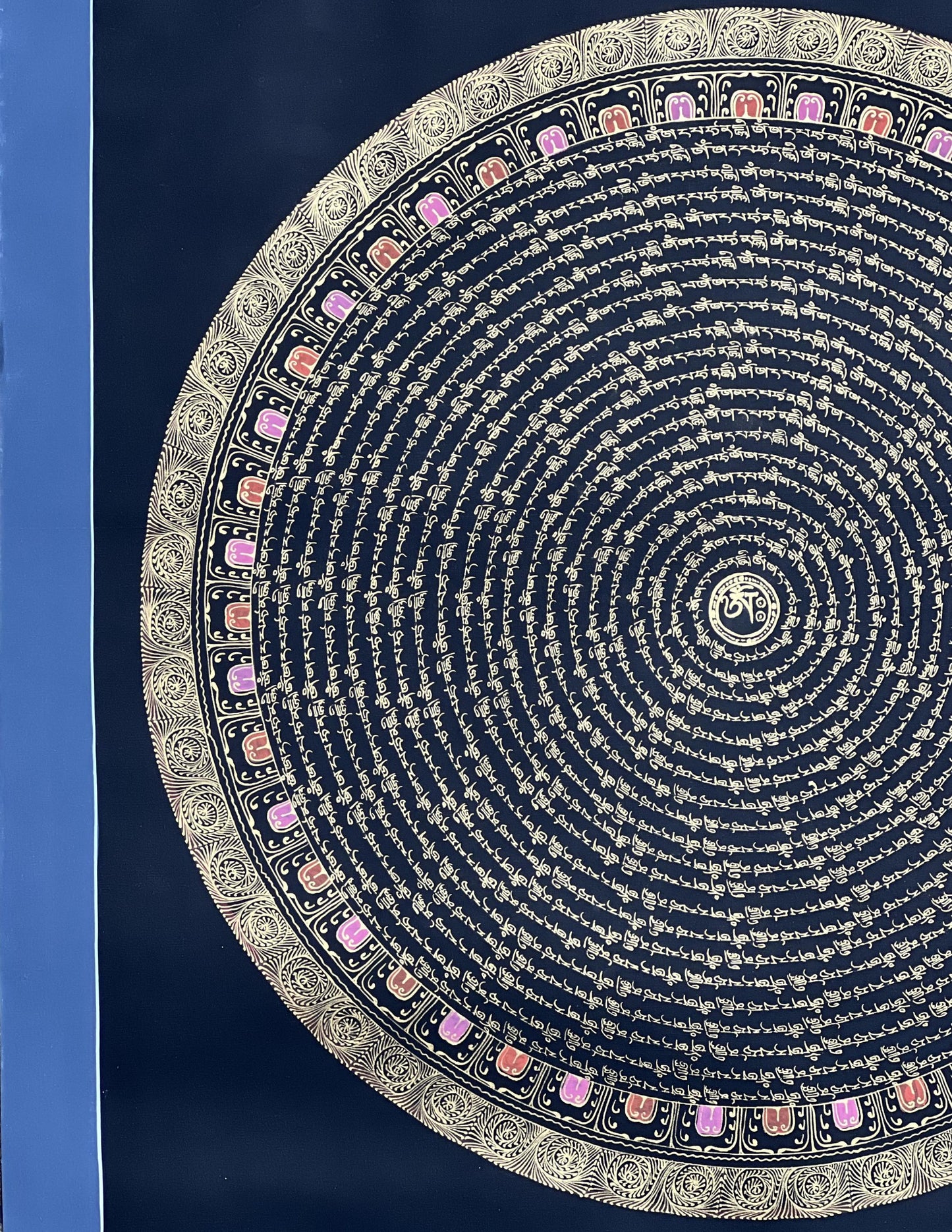 Manjushri Mantra Mandala with Om Center • Black Gold Tibetan Thangka • Wisdom Buddha Art