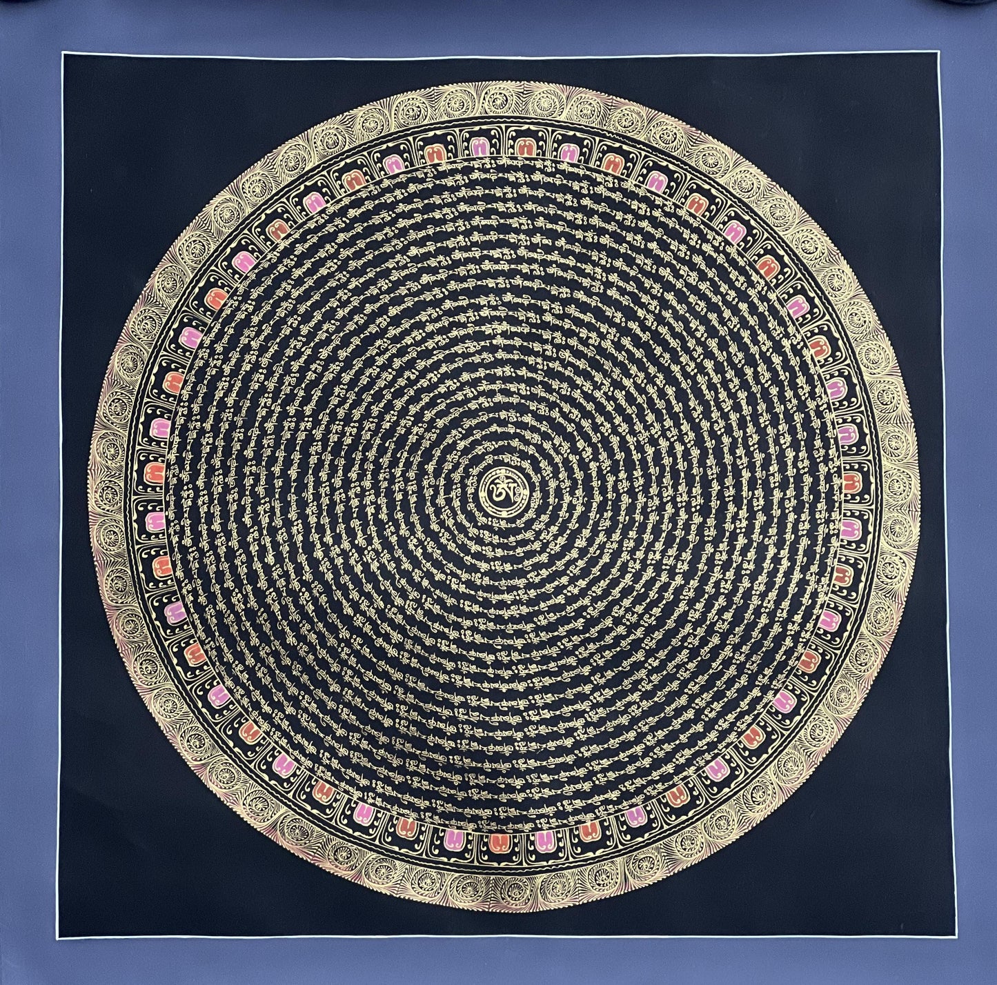 Chenrezig Mantra Mandala with Om in Center • Black and Gold Tibetan Thangka • Compassion Art