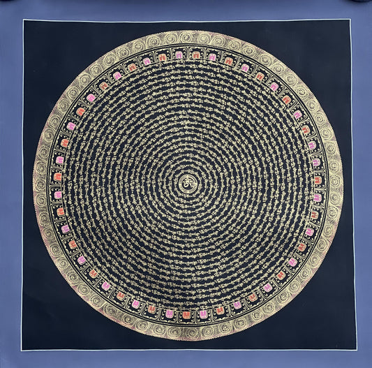 Chenrezig Mantra Mandala with Om in Center • Black and Gold Tibetan Thangka • Compassion Art