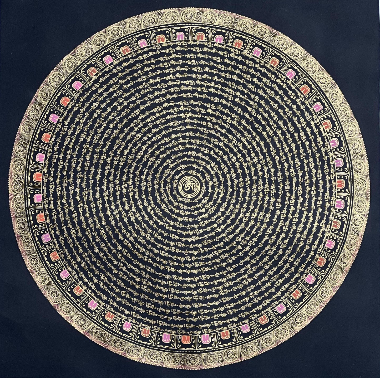 Chenrezig Mantra Mandala with Om in Center • Black and Gold Tibetan Thangka • Compassion Art