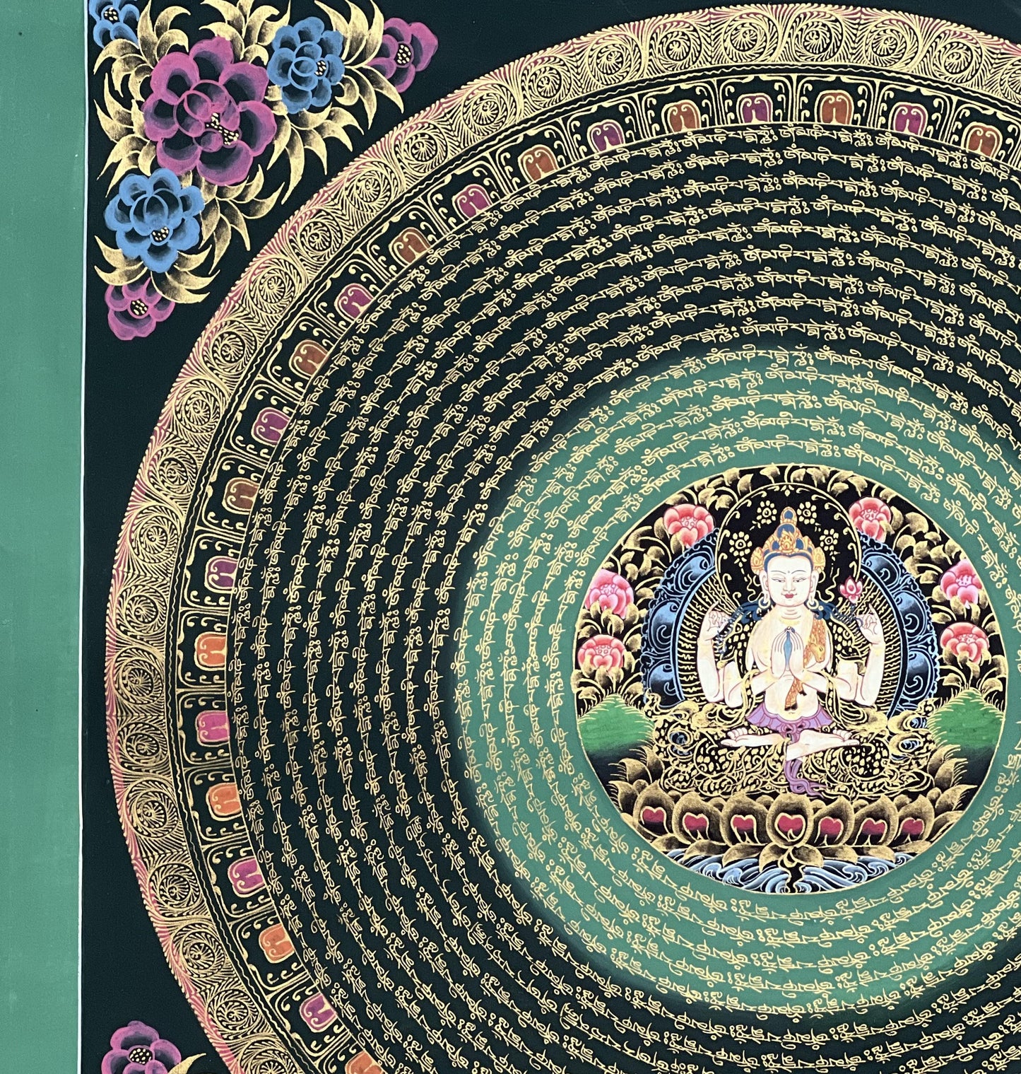 Original Hand-Painted Chenrezig Mantra Mandala with the Diety in Center – Black and Gold Tibetan Thangka