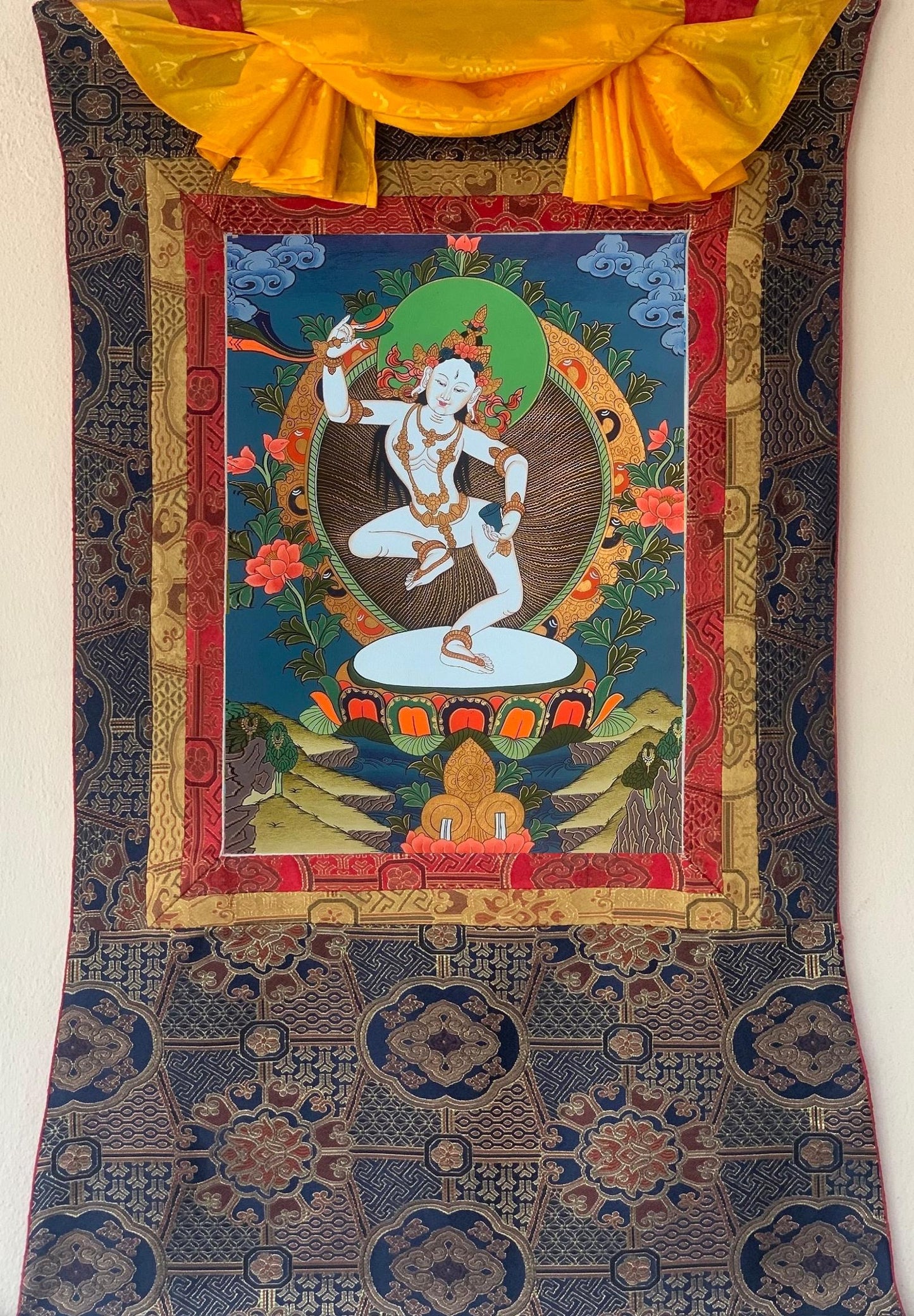 Machig Labdron Tibetan Thangka – Original Hand-Painted Art with Silk Brocade - For Chöd  Practice