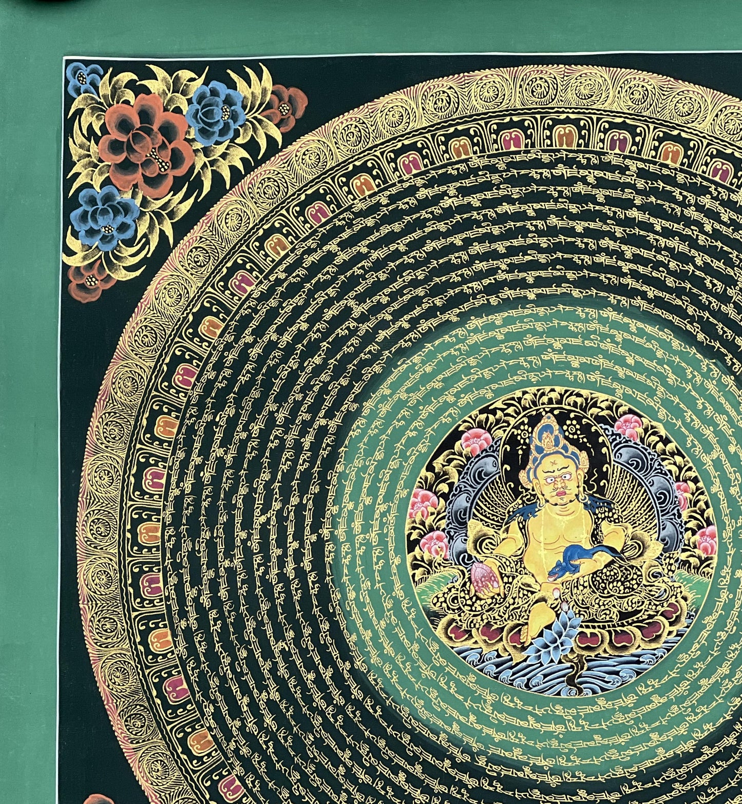 Jambhala Mantra Mandala  Tibetan Thangka | Hand-Painted Wealth Deity Art | Wall Decor for Abundance