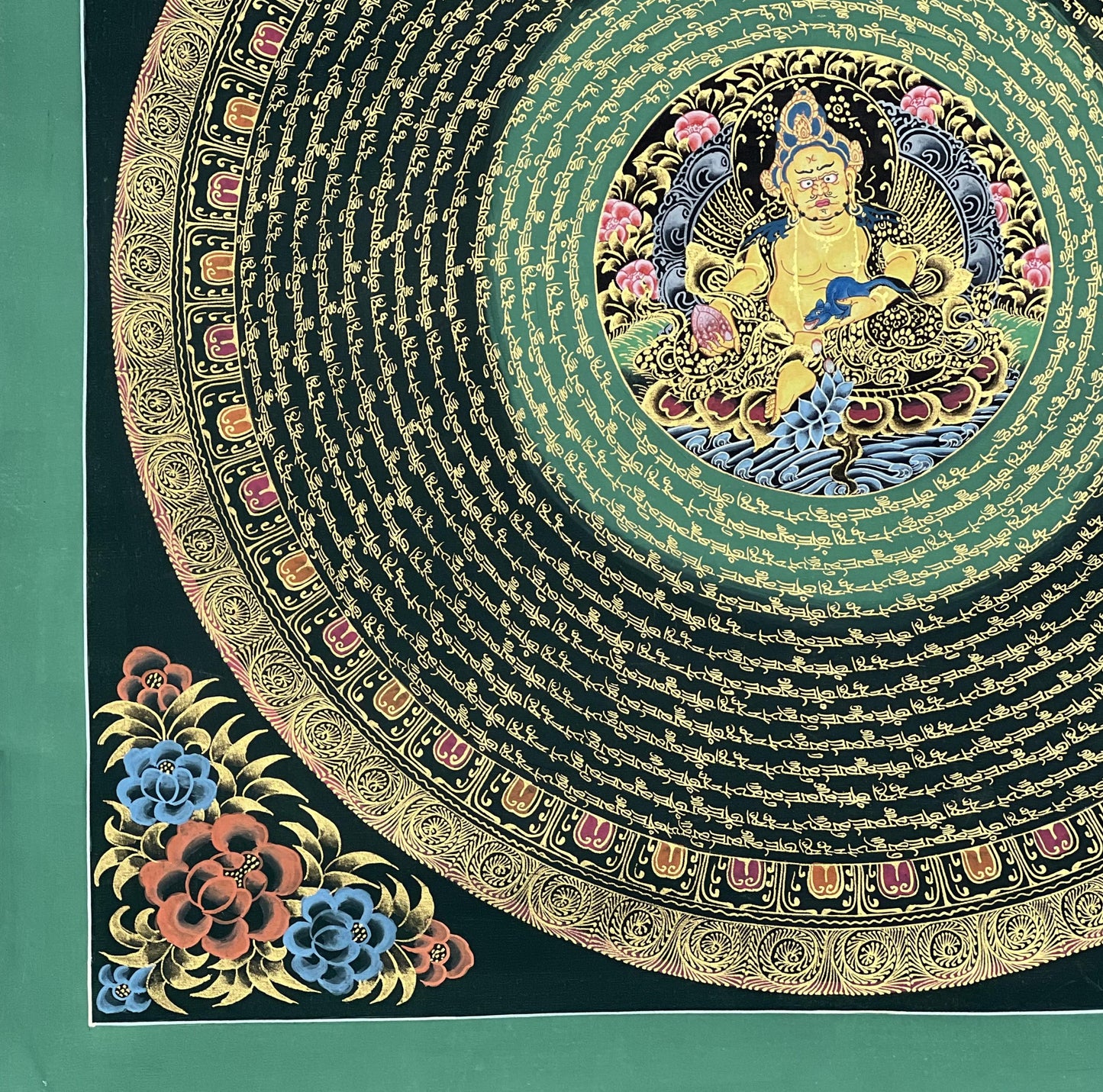 Jambhala Mantra Mandala  Tibetan Thangka | Hand-Painted Wealth Deity Art | Wall Decor for Abundance
