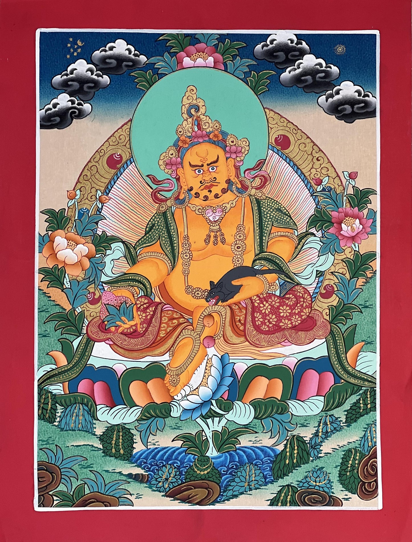 Yellow Jambhala Thangka Painting | Kubera Tibetan Art | Wealth Deity Masterpiece | Spiritual Decor