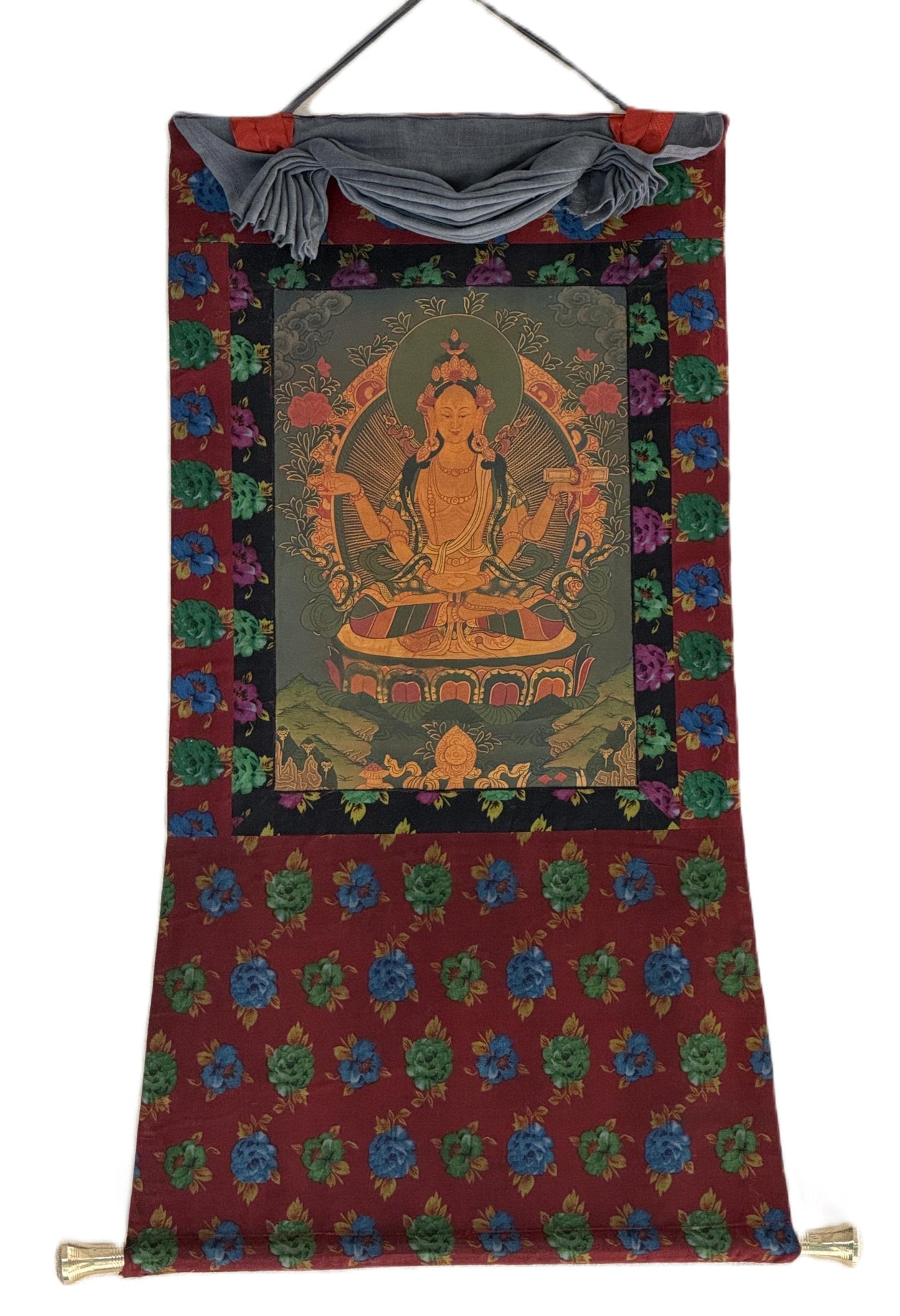 Original Hand-painted Prajnaparamita Old Oil Varnished  Tibetan Meditation, Thangka Painting with Cotton Brocade
