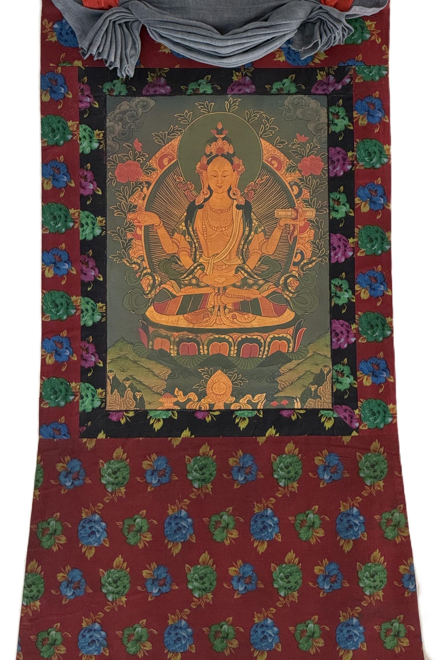Original Hand-painted Prajnaparamita Old Oil Varnished  Tibetan Meditation, Thangka Painting with Cotton Brocade