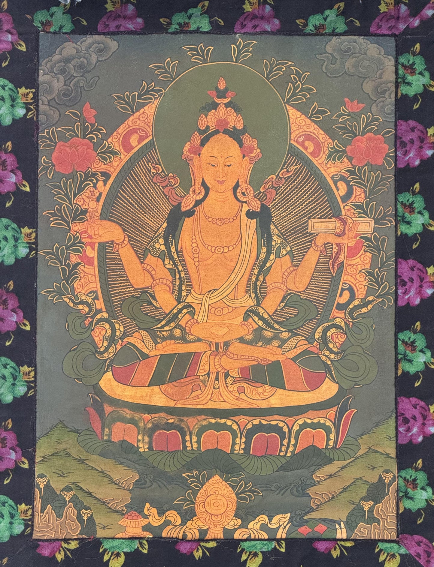 Original Hand-painted Prajnaparamita Old Oil Varnished  Tibetan Meditation, Thangka Painting with Cotton Brocade