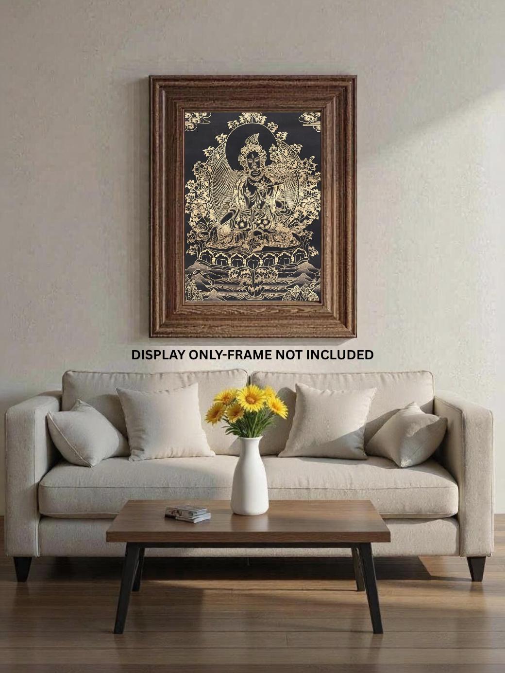 White Tara Tibetan Thangka | Black and Gold Buddhist Art