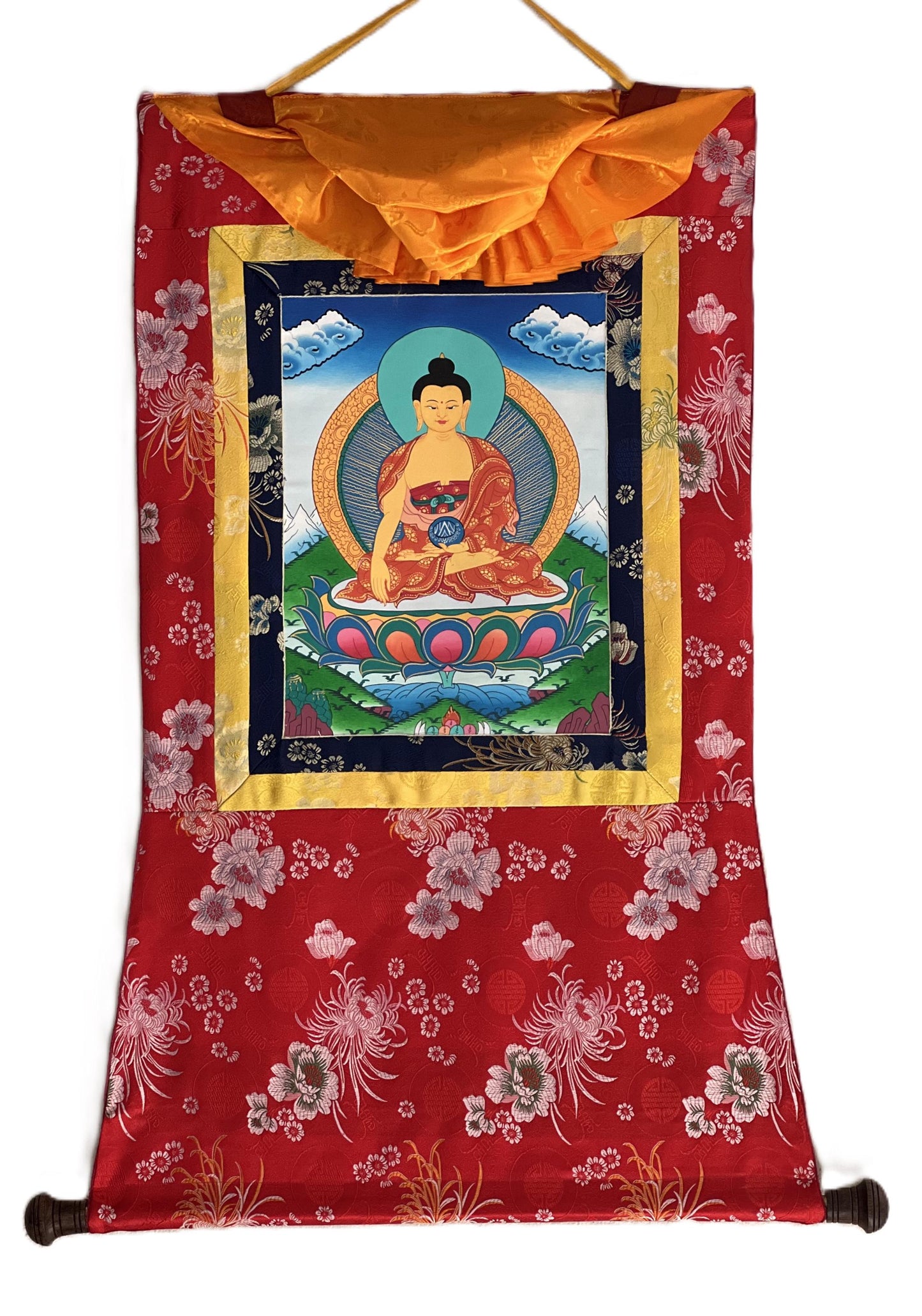 Hand-Painted Shakyamuni Buddha Thangka – Peaceful Buddhist Wall Art with Silk Brocade