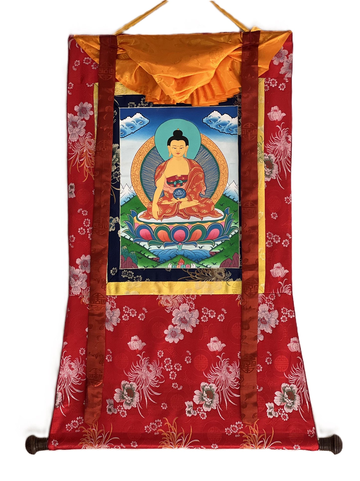 Hand-Painted Shakyamuni Buddha Thangka – Peaceful Buddhist Wall Art with Silk Brocade