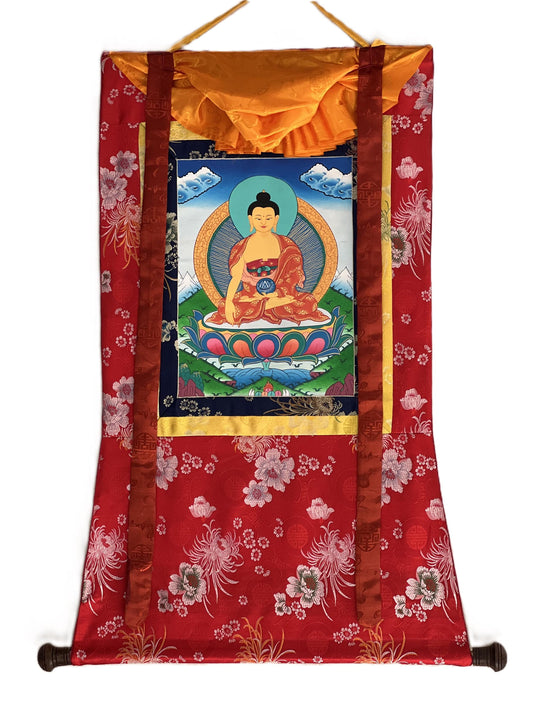 Hand-Painted Shakyamuni Buddha Thangka – Peaceful Buddhist Wall Art with Silk Brocade