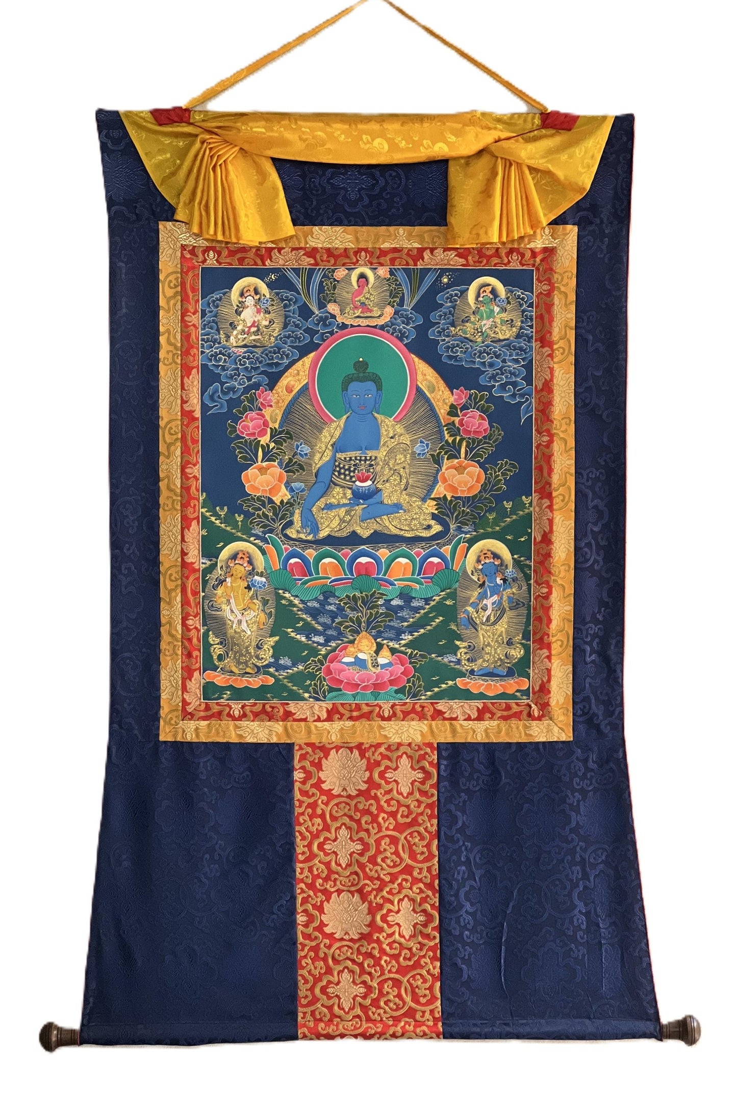 Large Medicine Buddha Thangka – Hand-Painted Bhaisajyaguru Healing Art with Silk Brocade