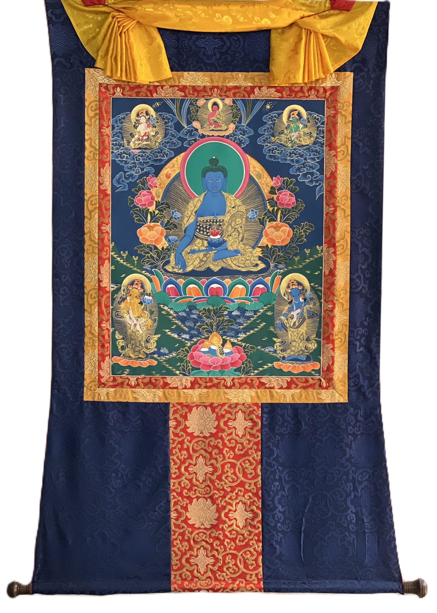 Large Medicine Buddha Thangka – Hand-Painted Bhaisajyaguru Healing Art with Silk Brocade