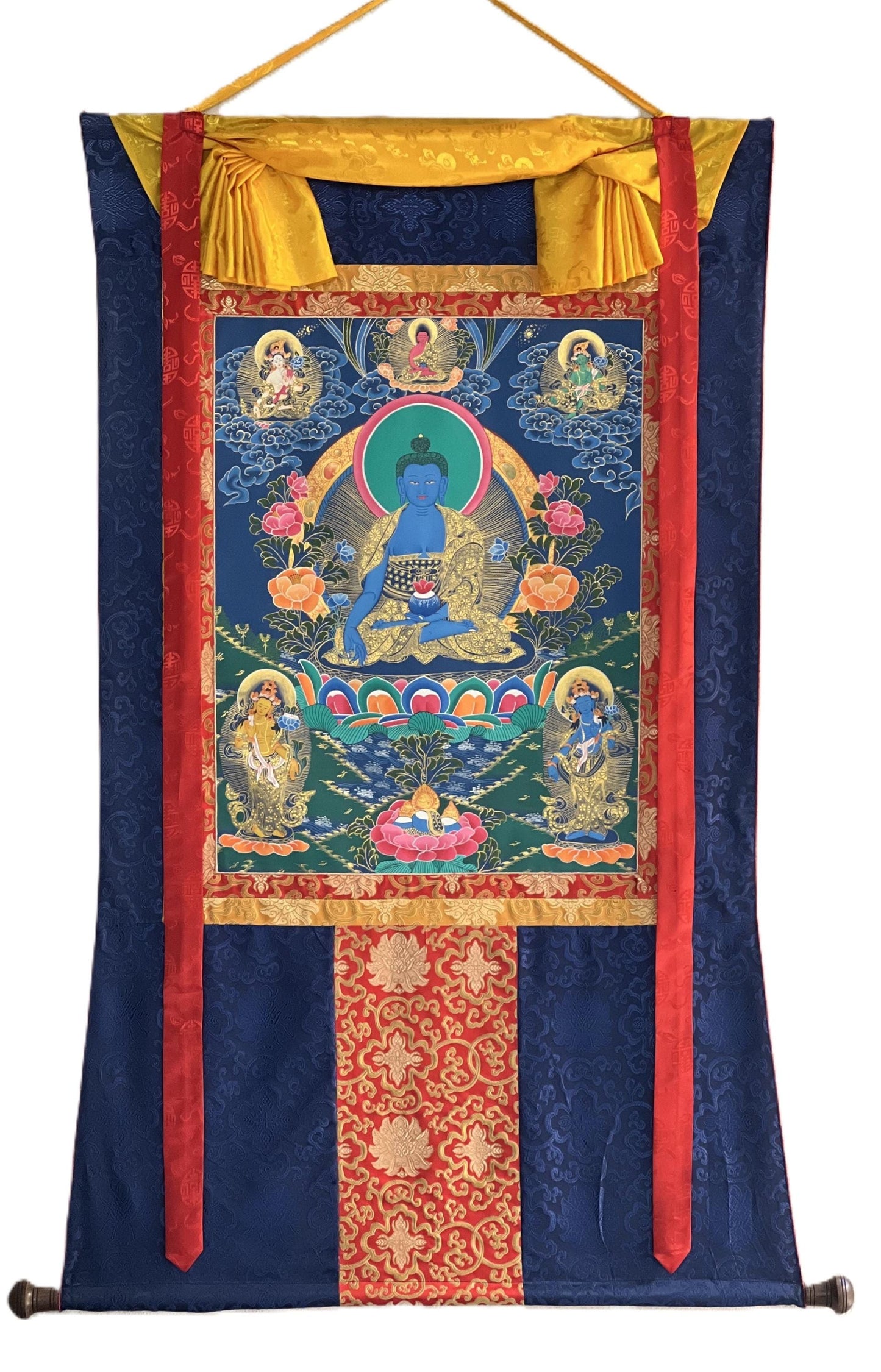 Large Medicine Buddha Thangka – Hand-Painted Bhaisajyaguru Healing Art with Silk Brocade
