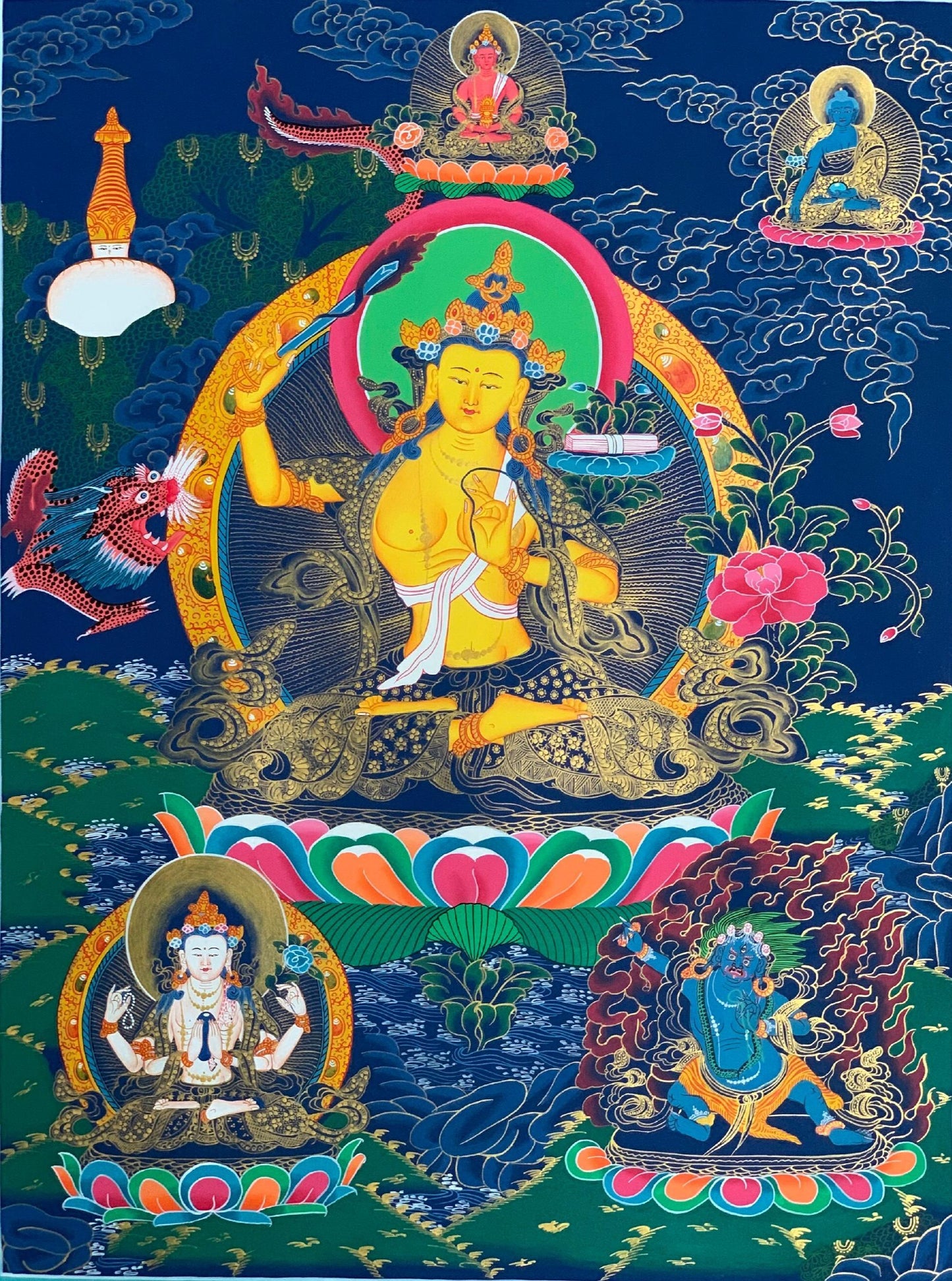 Hand-Painted Manjushri Thangka | Tibetan Buddhist Art, Silk Brocade