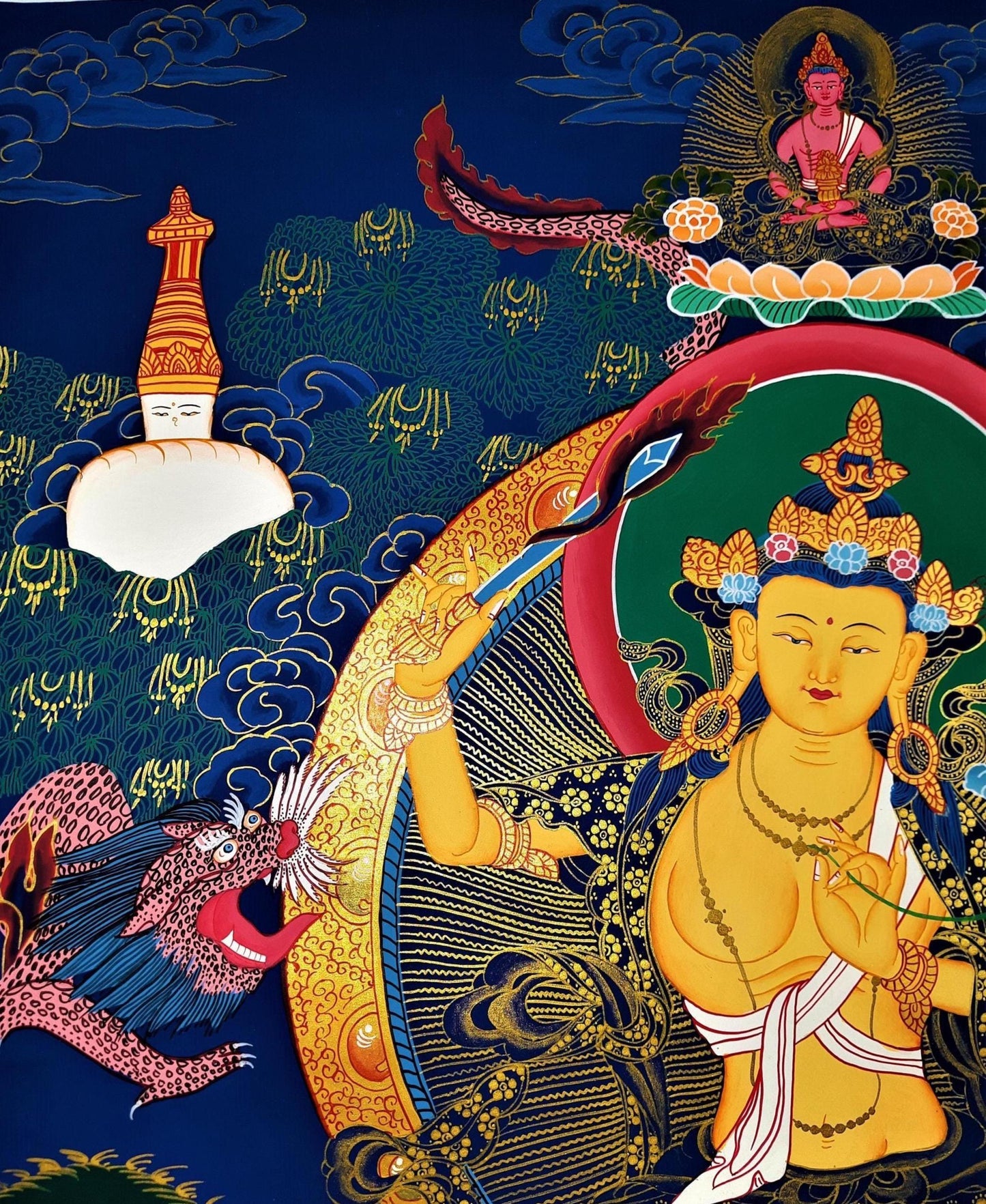 Manjushri  Bodhisattva Thangka – Hand-Painted Manjushree Tibetan Buddhist Art with Silk Brocade