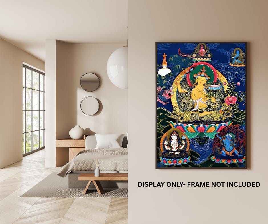 Manjushri  Bodhisattva Thangka – Hand-Painted Manjushree Tibetan Buddhist Art with Silk Brocade