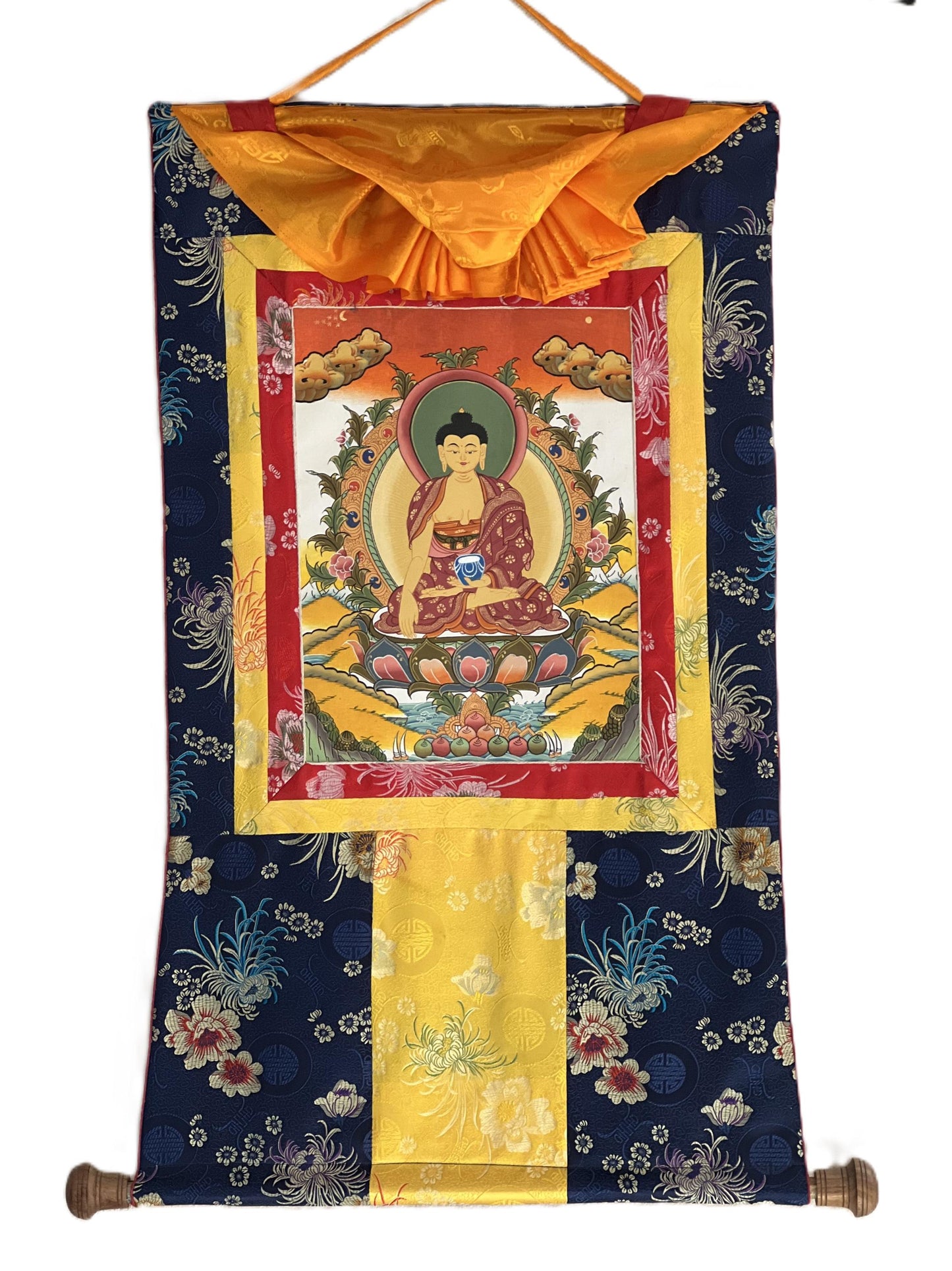 Hand-Painted Shakyamuni Buddha Thangka | Siddhartha Gautama Tibetan Art | Silk Brocade Wall Decor