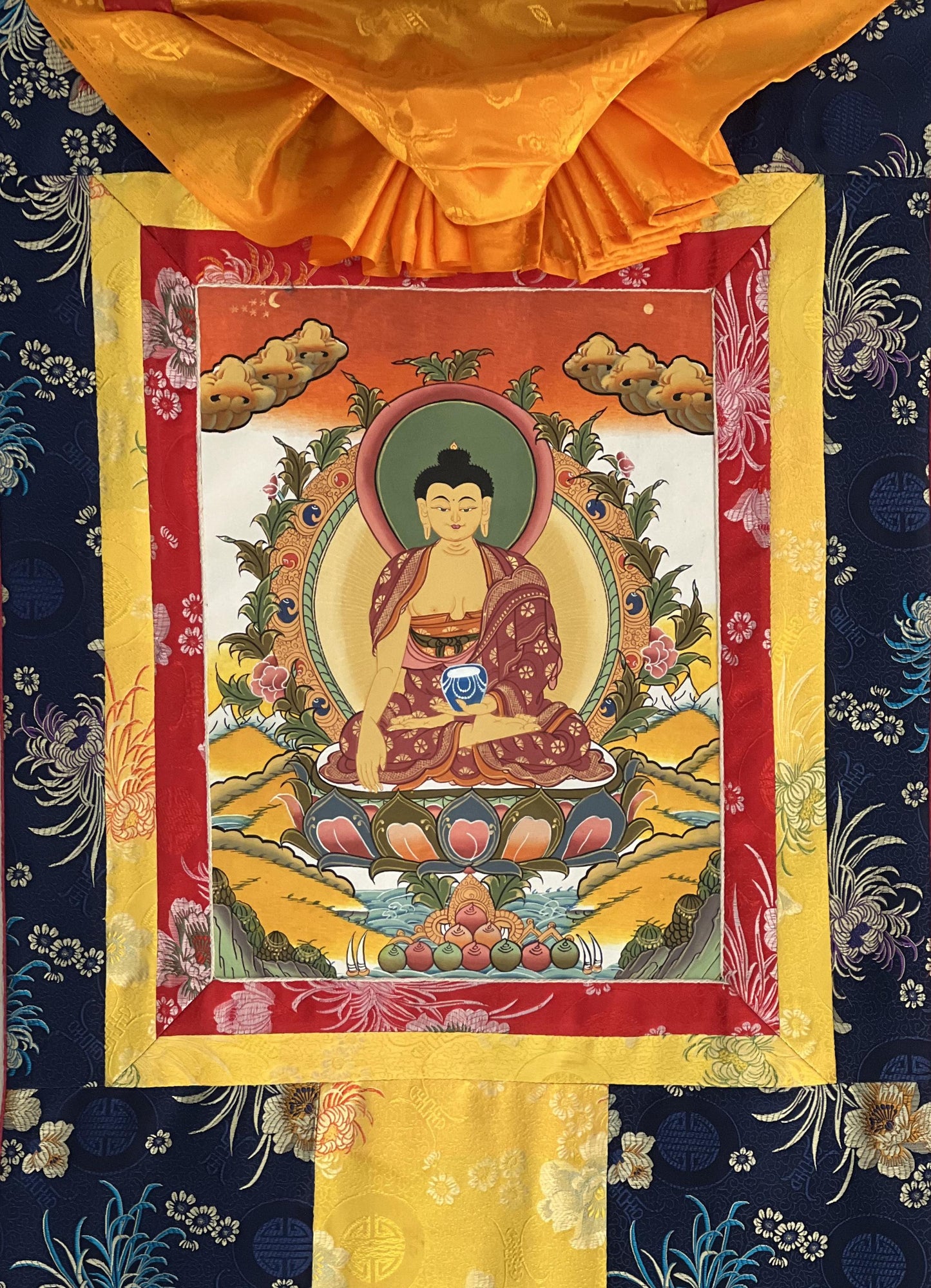 Hand-Painted Shakyamuni Buddha Thangka | Siddhartha Gautama Tibetan Art | Silk Brocade Wall Decor