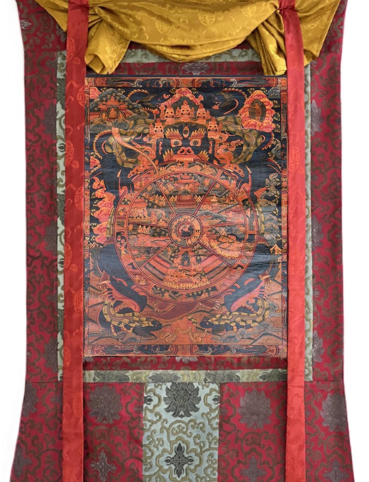 Wheel of Life Thangka | Hand-Painted Bhavachakra Mandala with Silk Brocade