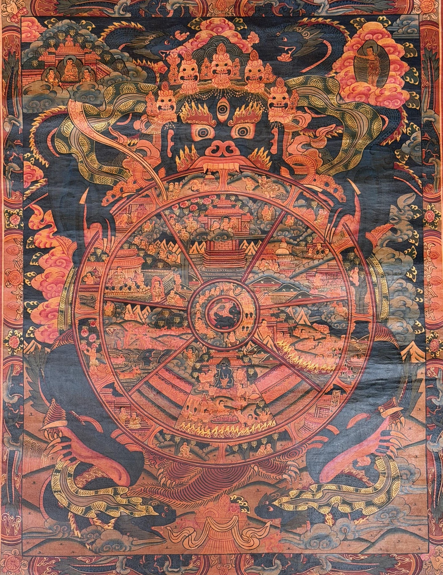 Wheel of Life Thangka | Hand-Painted Bhavachakra Mandala with Silk Brocade
