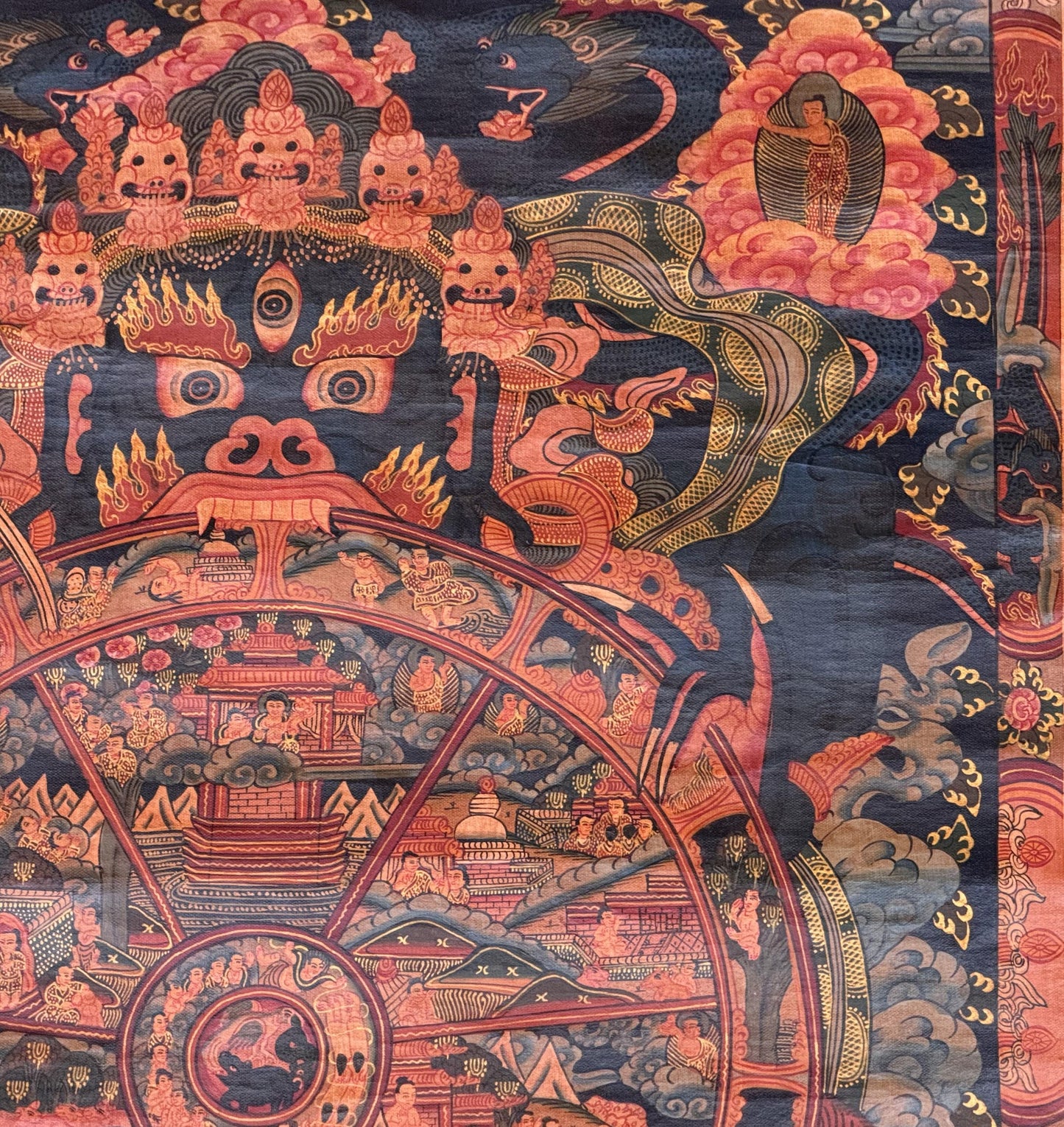Wheel of Life Thangka | Hand-Painted Bhavachakra Mandala with Silk Brocade
