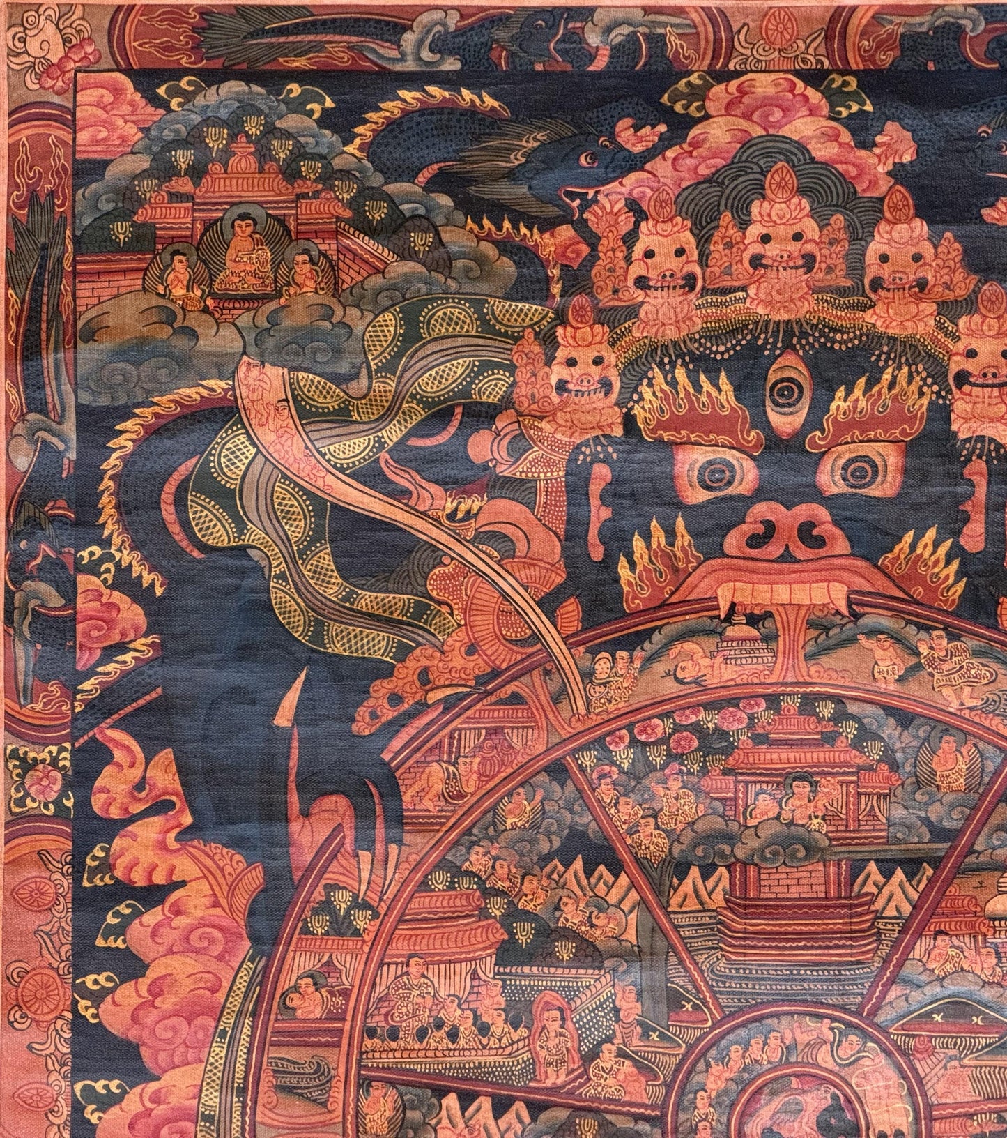 Wheel of Life Thangka | Hand-Painted Bhavachakra Mandala with Silk Brocade