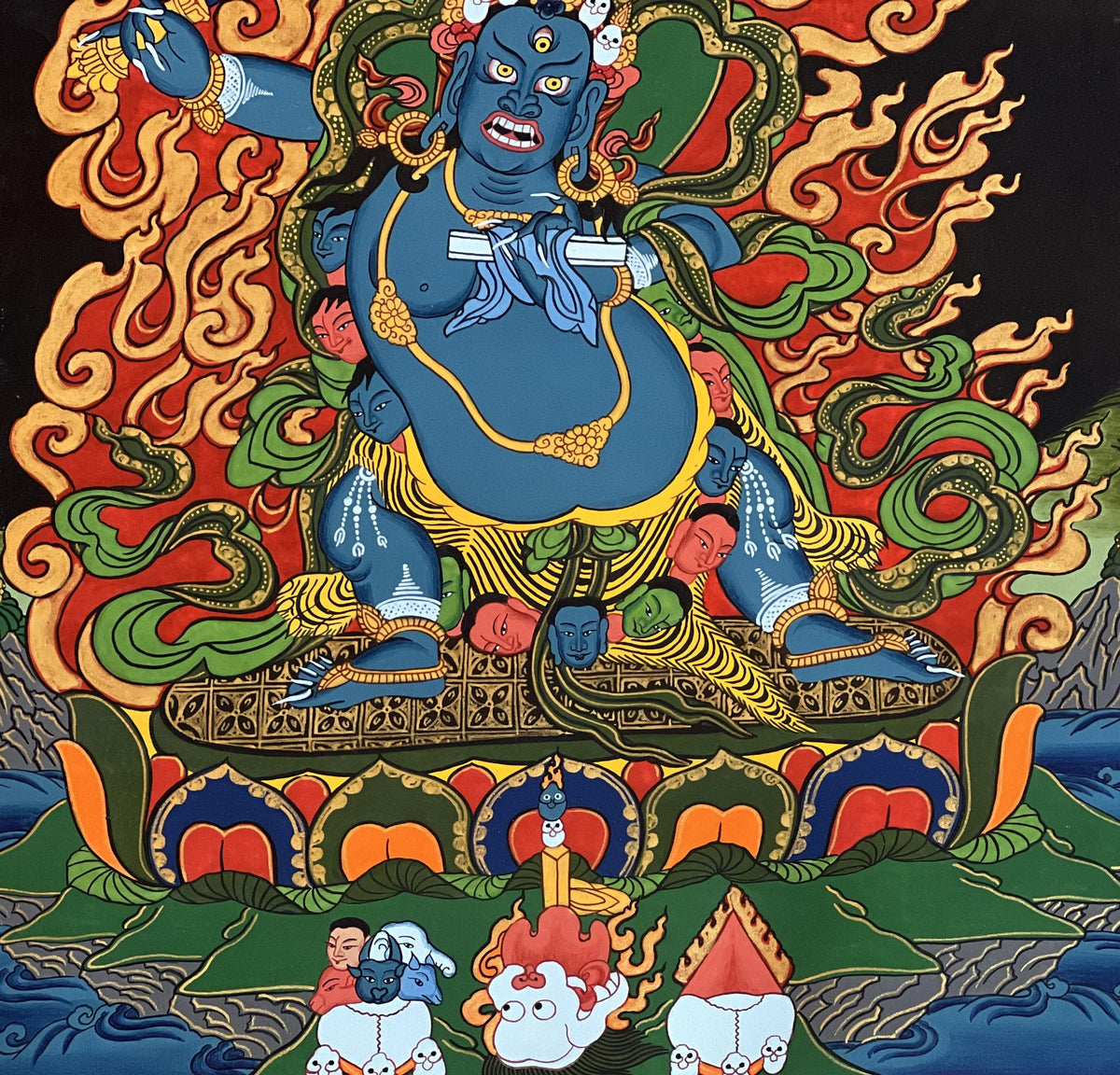 Hand-Painted Black Manjushri Thangka  Tibetan Buddhist Art- Silk Brocade Option Available